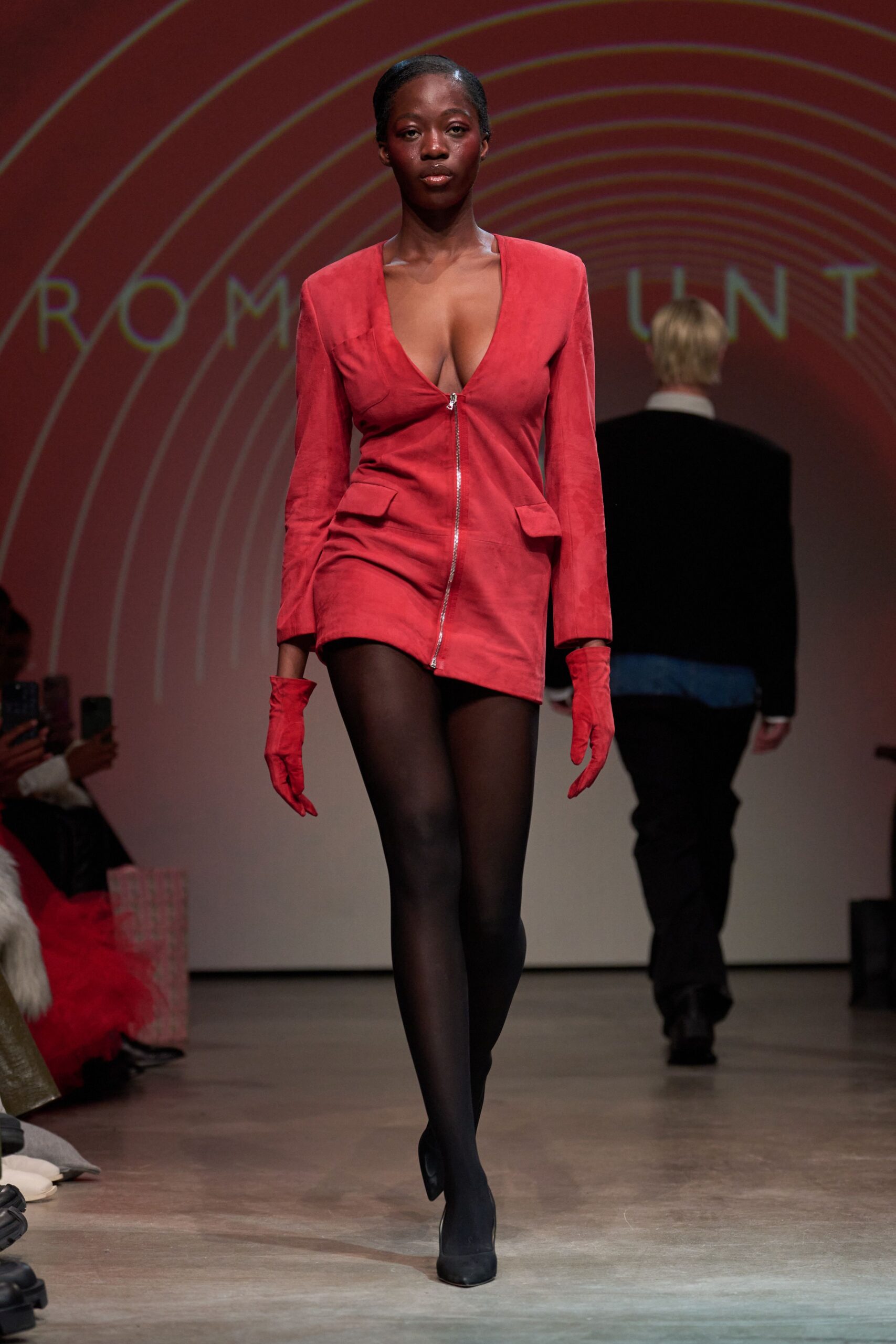 red suede long-sleeve v-neck fitted zippered short blazer