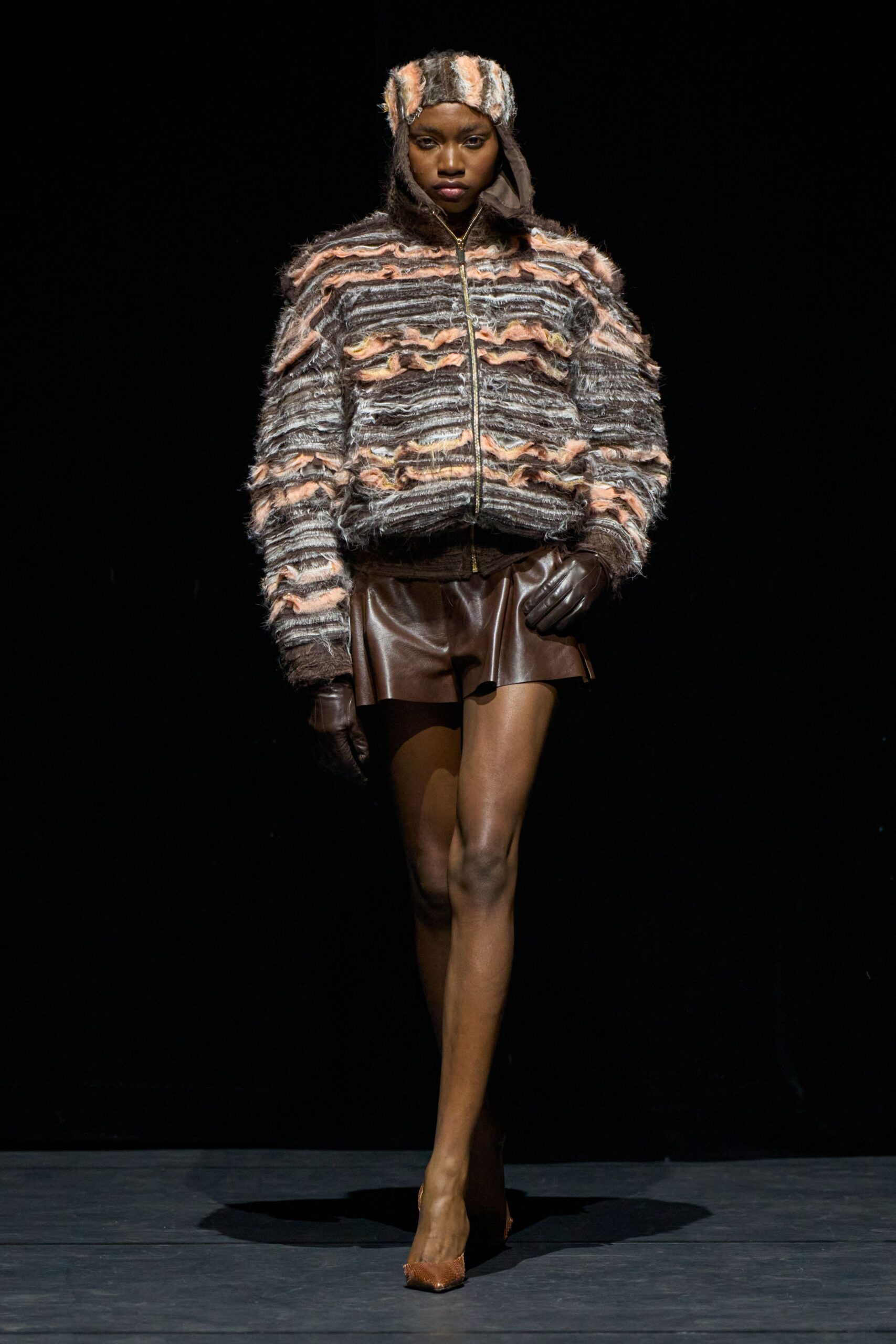 brown wool long-sleeve fitted zippered fringed jacket