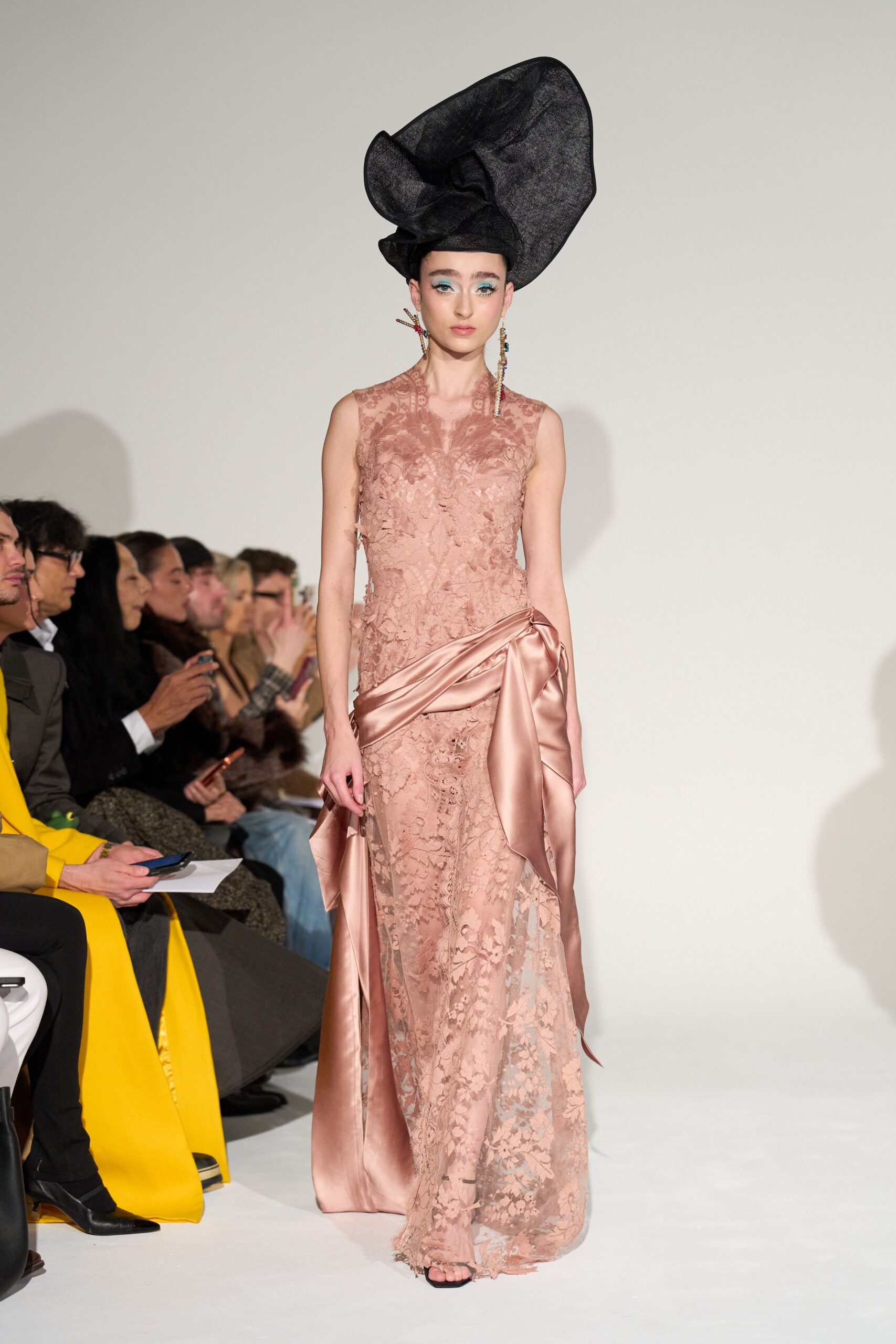 pink silk sleeveless high-neck fitted embroidered tiered gown