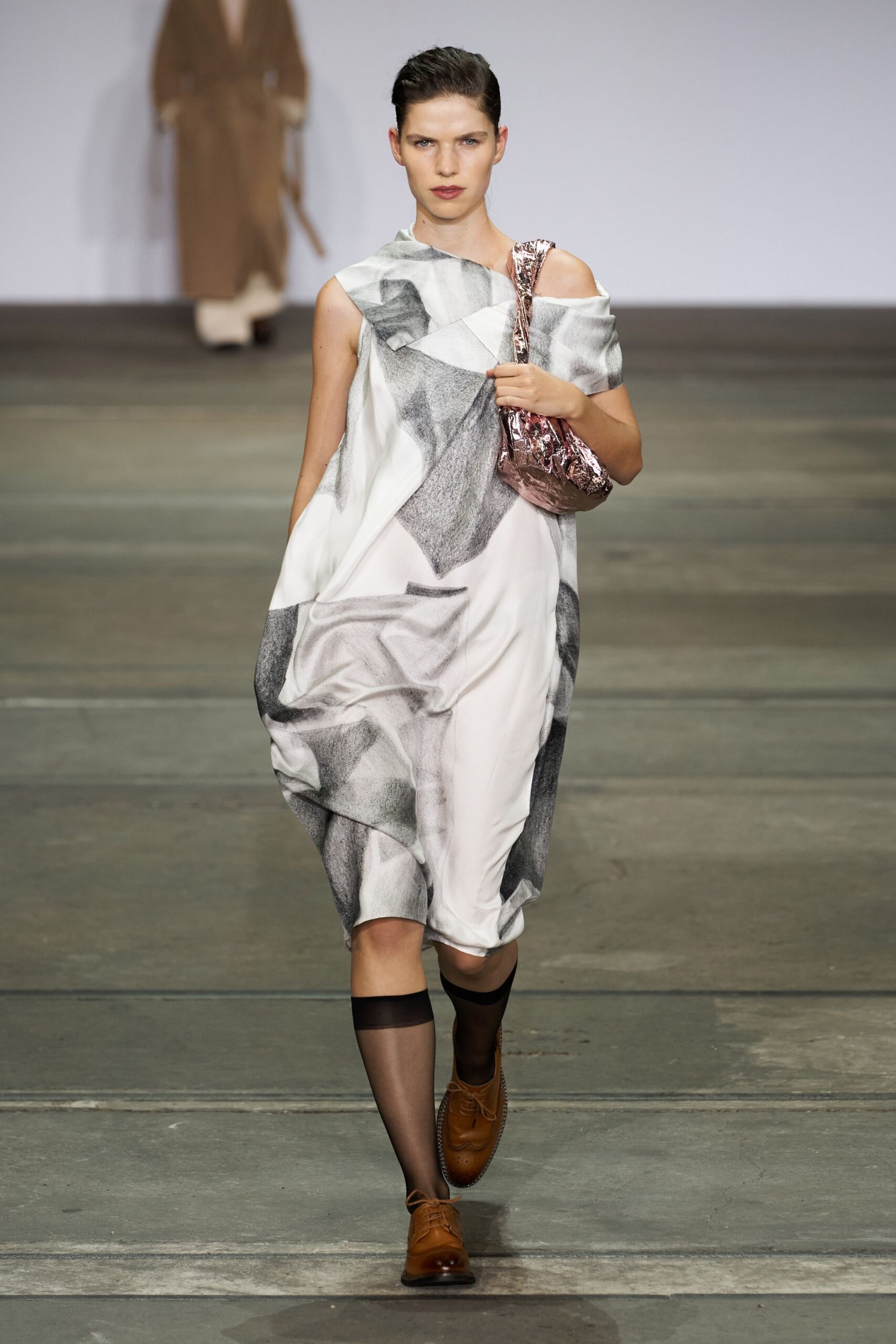 asymmetric gray printed midi dress