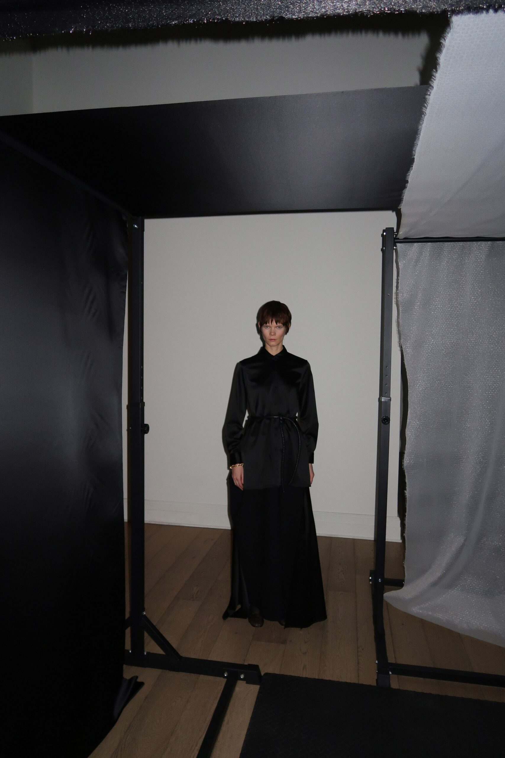 black silk long-sleeve dress