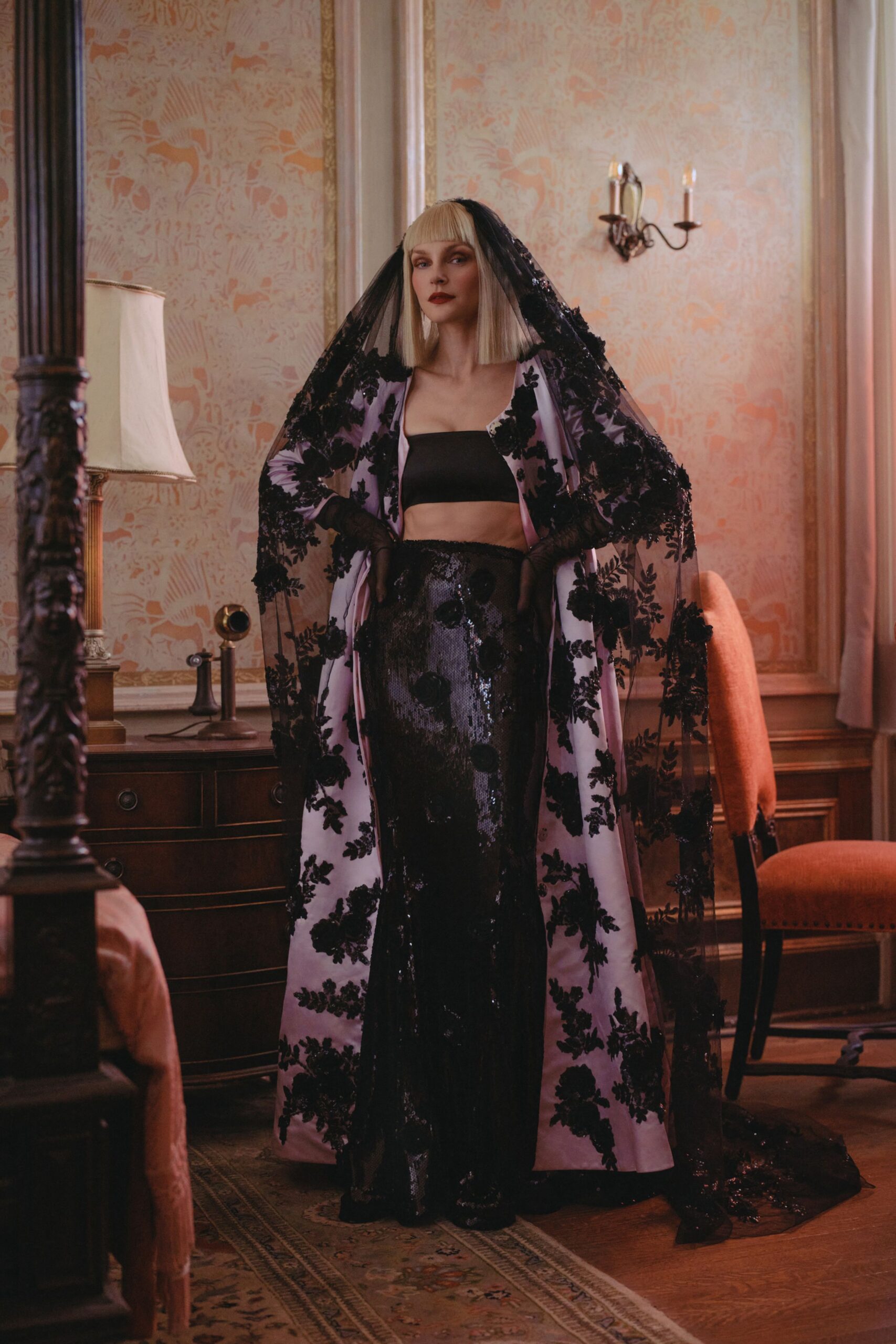 black embroidered gown with top