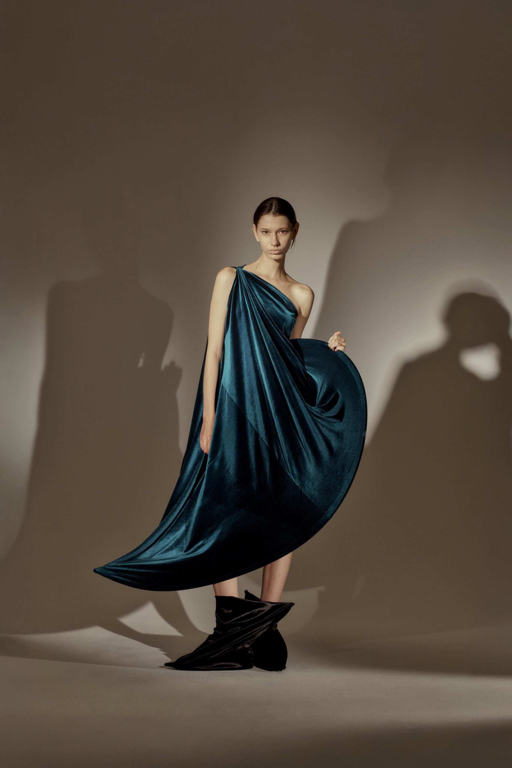 teal velvet sleeveless asymmetric fitted draped flowing gown