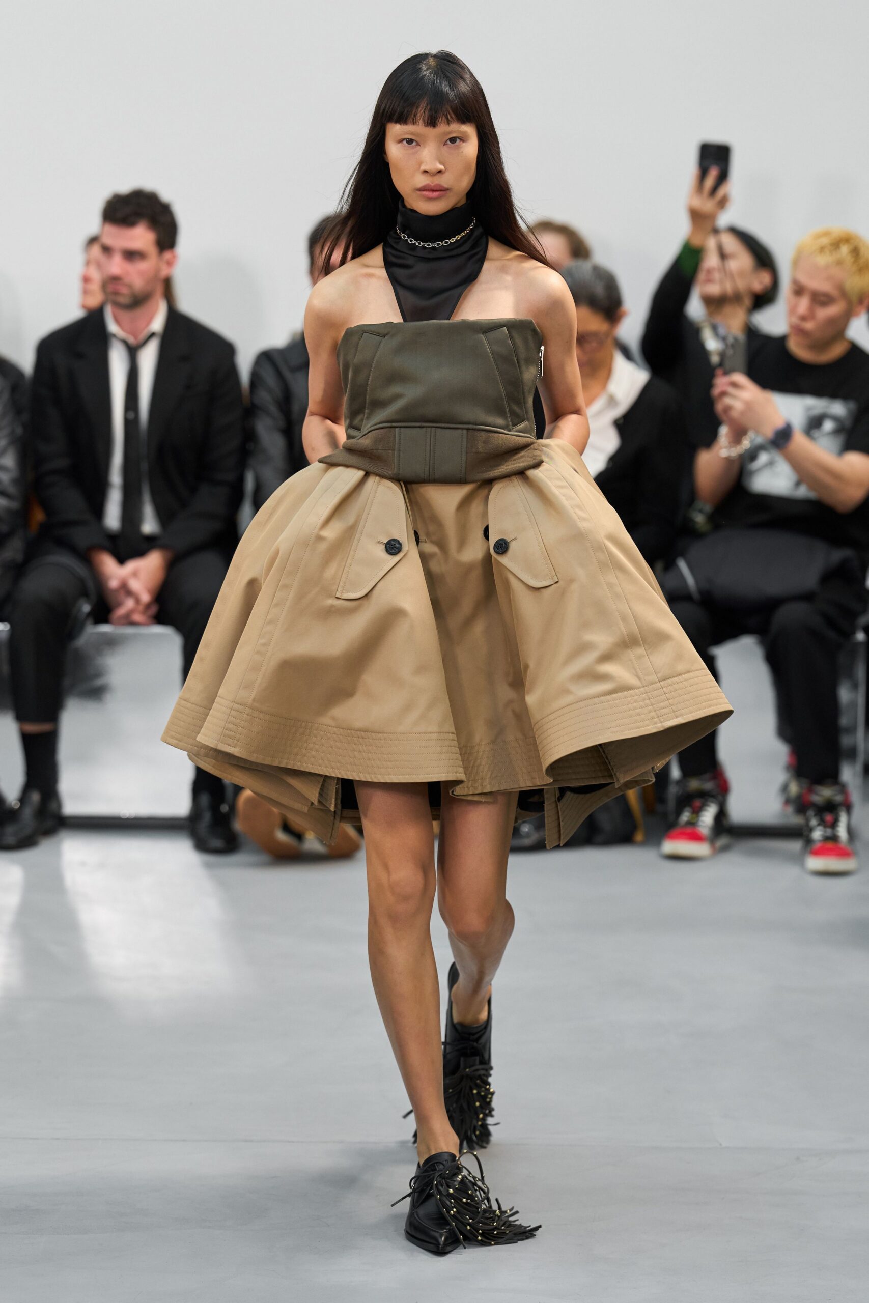 beige cotton structured a-line pockets mini skirt