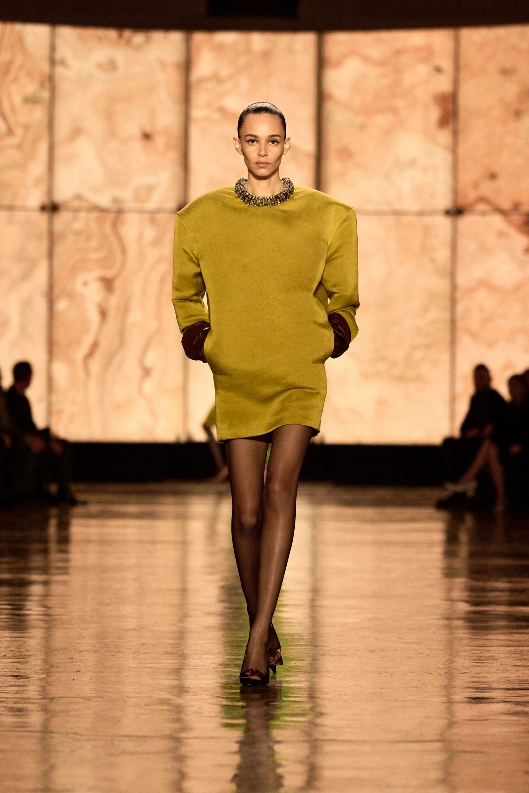 green cotton long-sleeve high-neck oversized structured mini dress