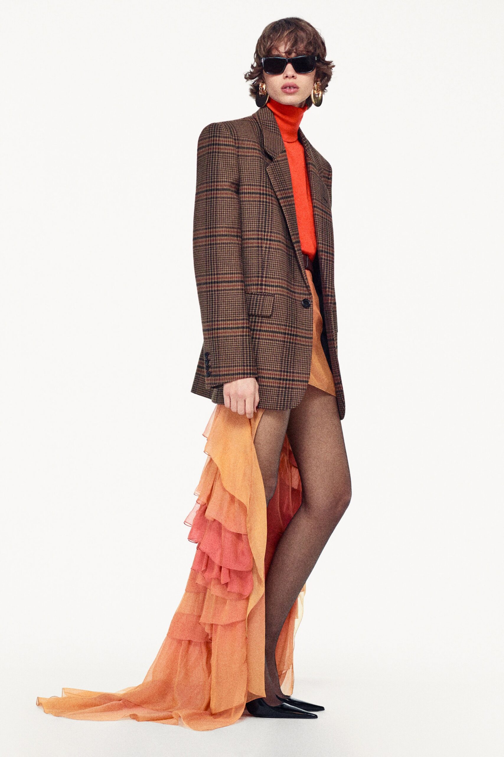 brown checked blazer with orange top