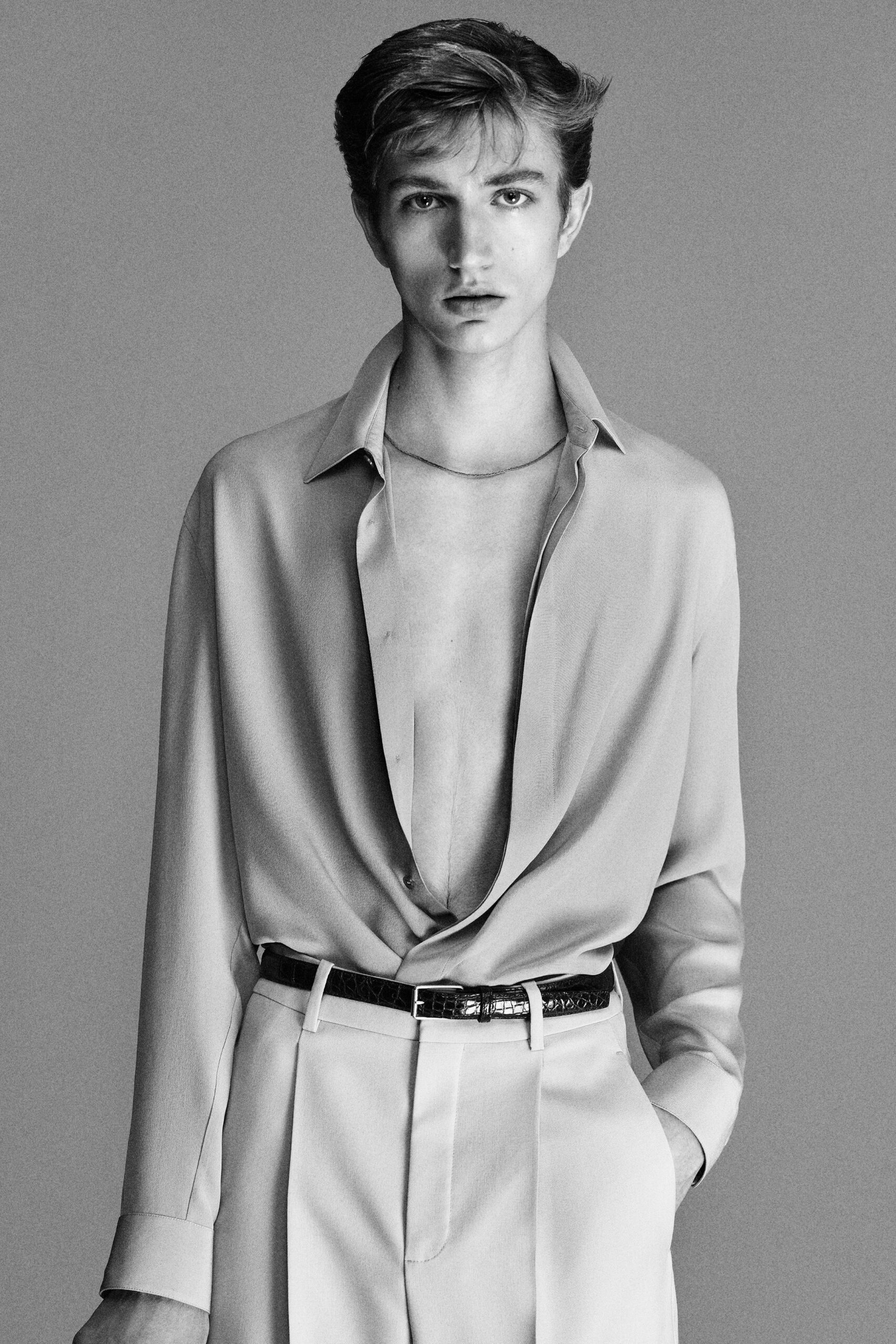 beige silk long-sleeve v-neck relaxed buttoned shirt