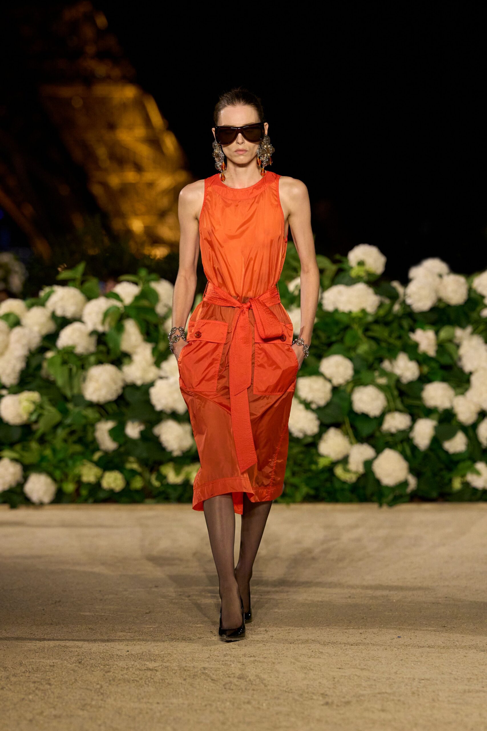 orange cotton sleeveless high-neck fitted belted pockets dress