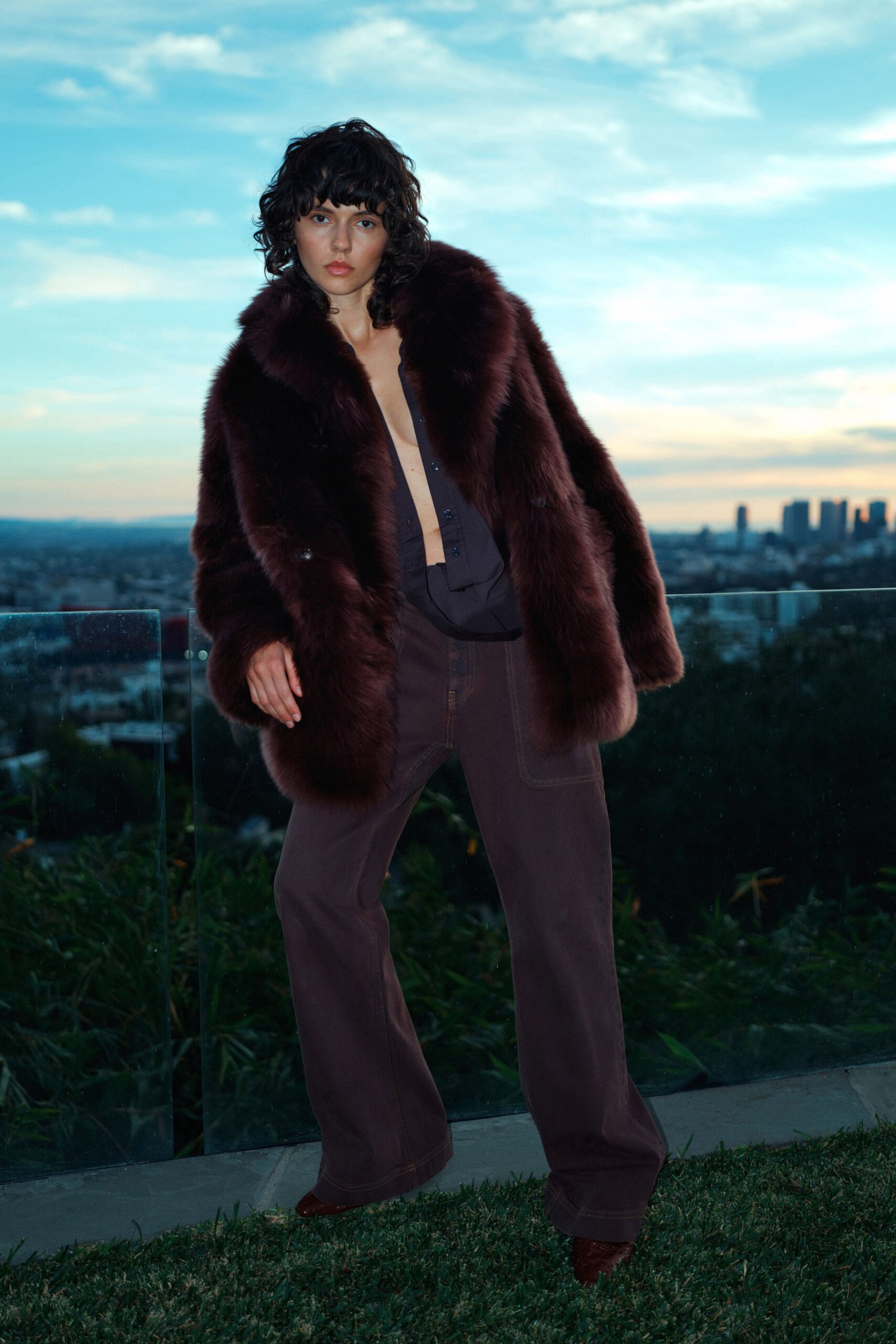 brown fur coat with black shirt