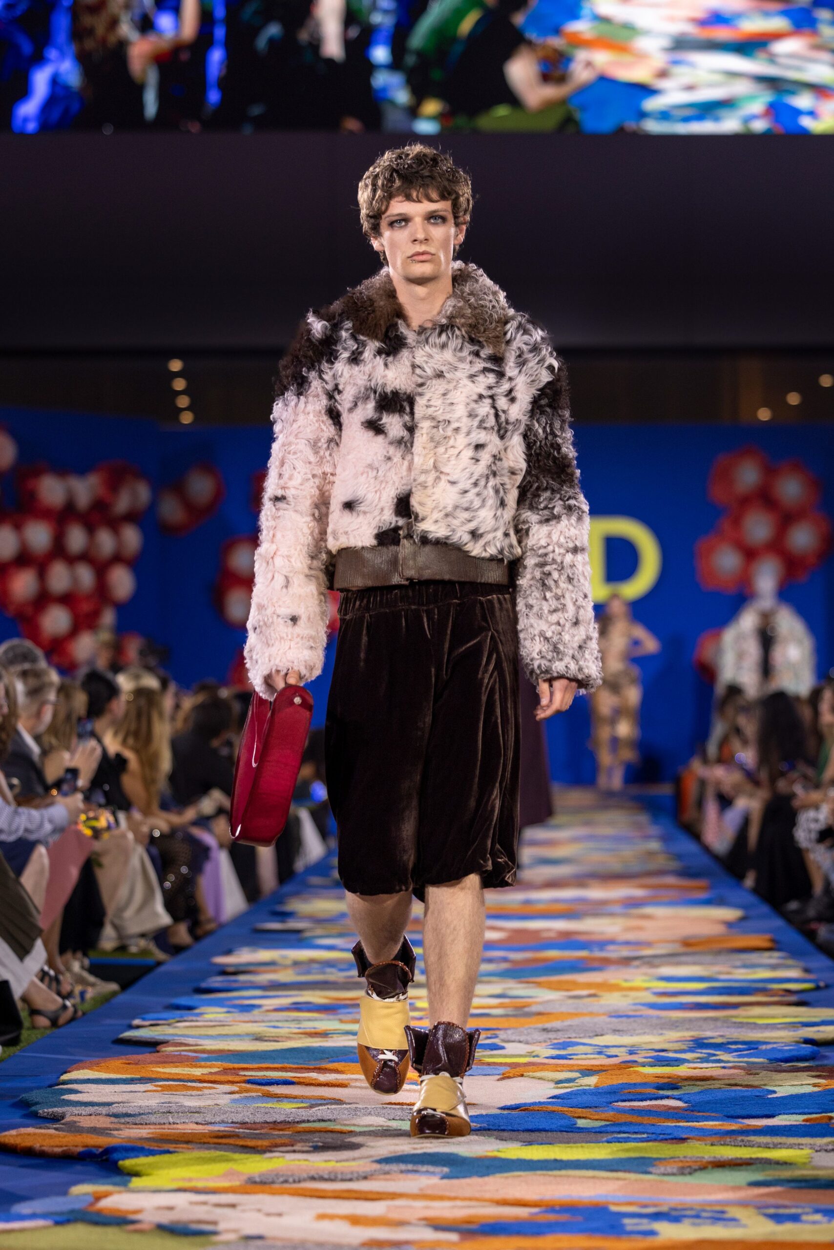relaxed fur jacket with velvet shorts