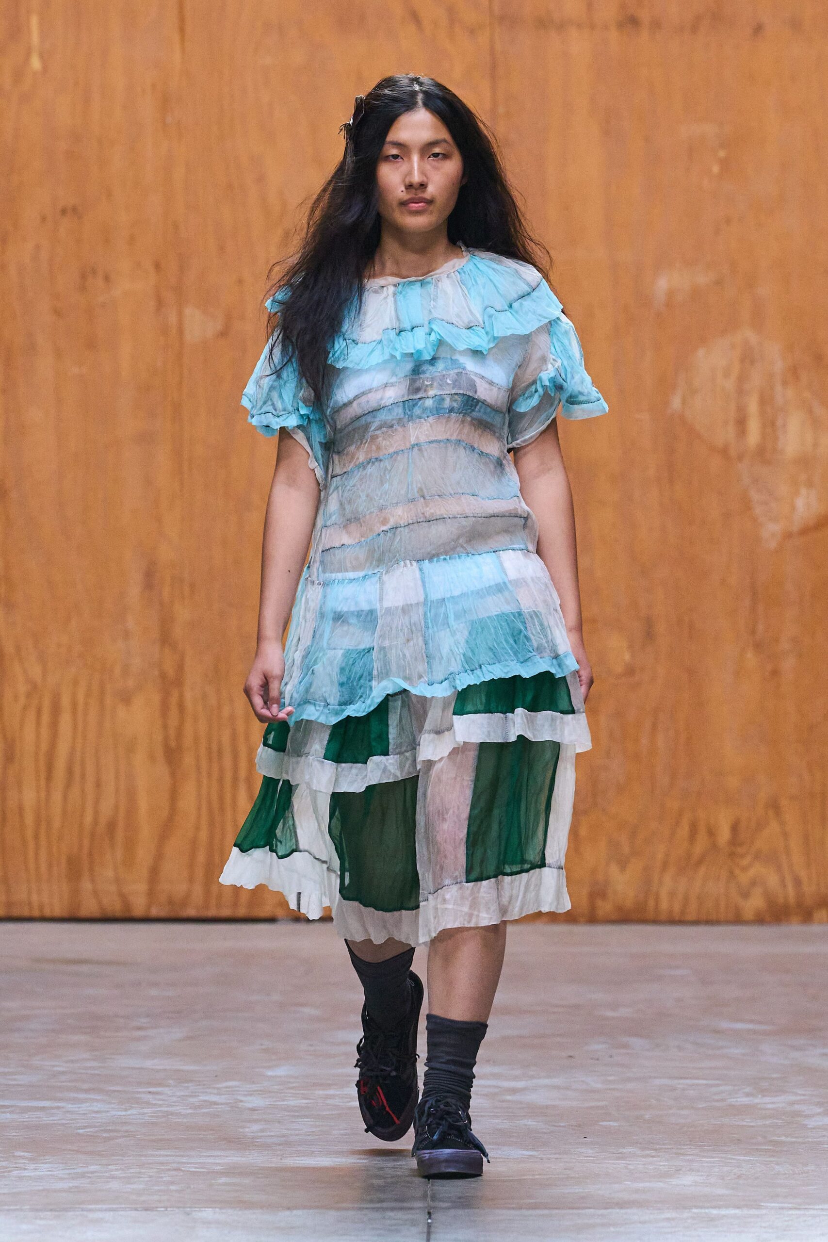 blue chiffon sleeveless v-neck relaxed ruffled tiered dress