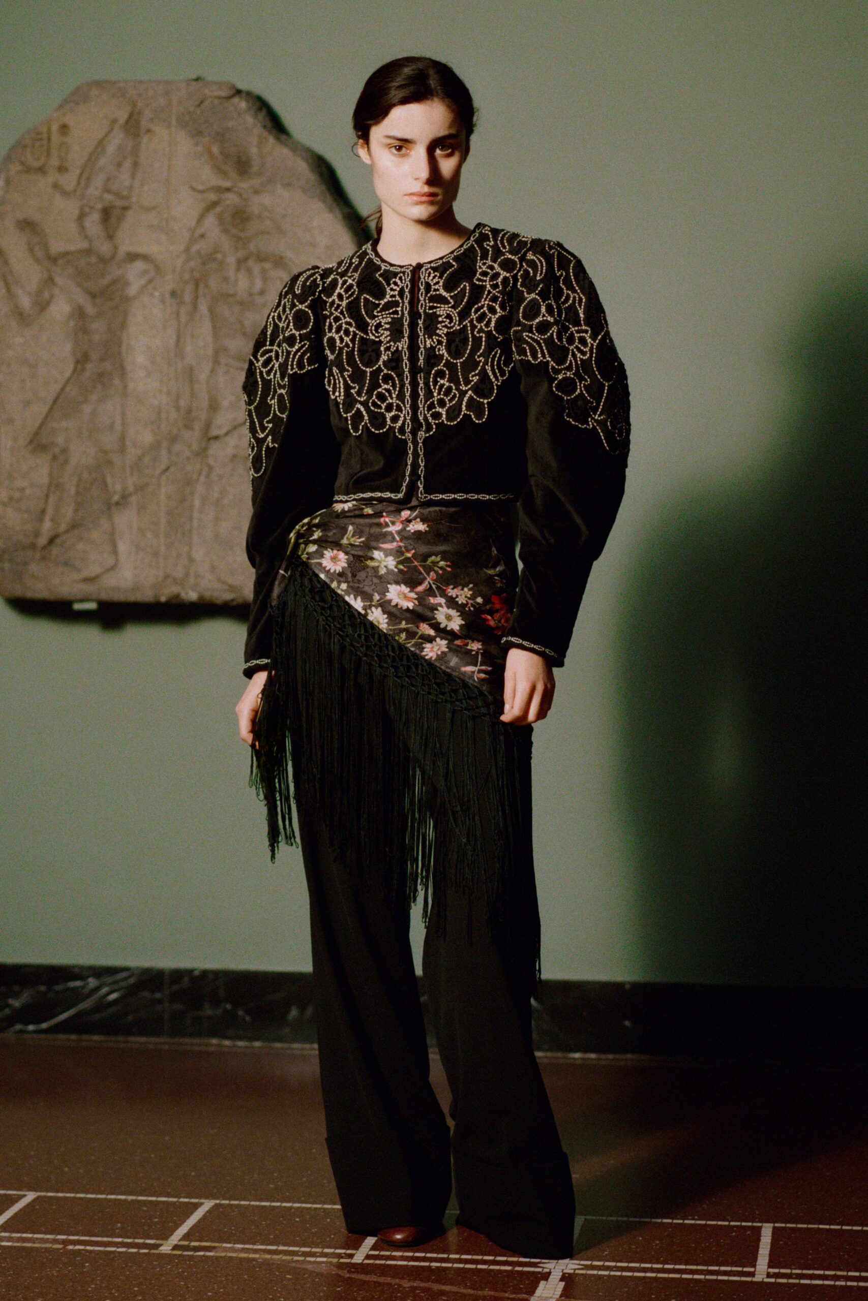 black velvet embroidered top with tailored pants