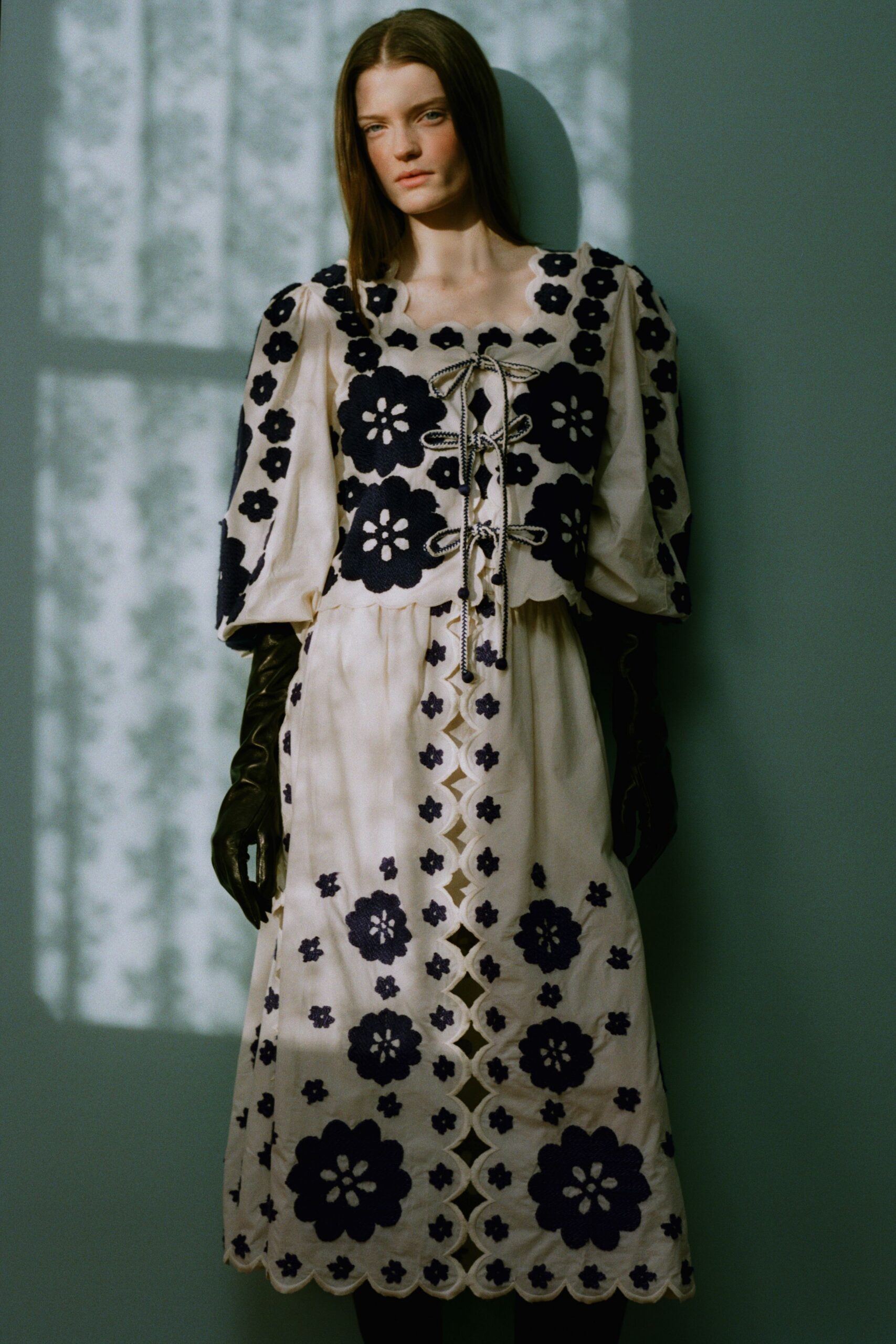 beige embroidered midi dress with gloves