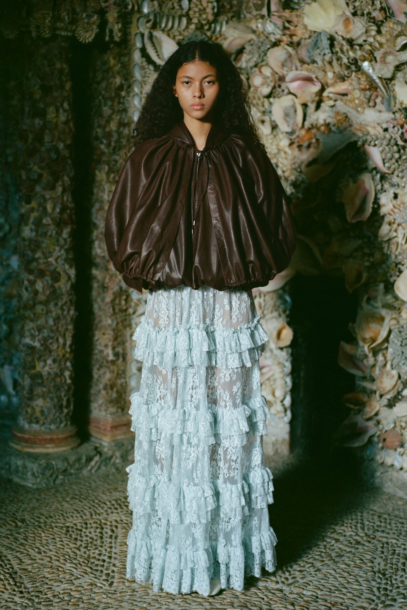 brown leather long-sleeve collared oversized padded jacket