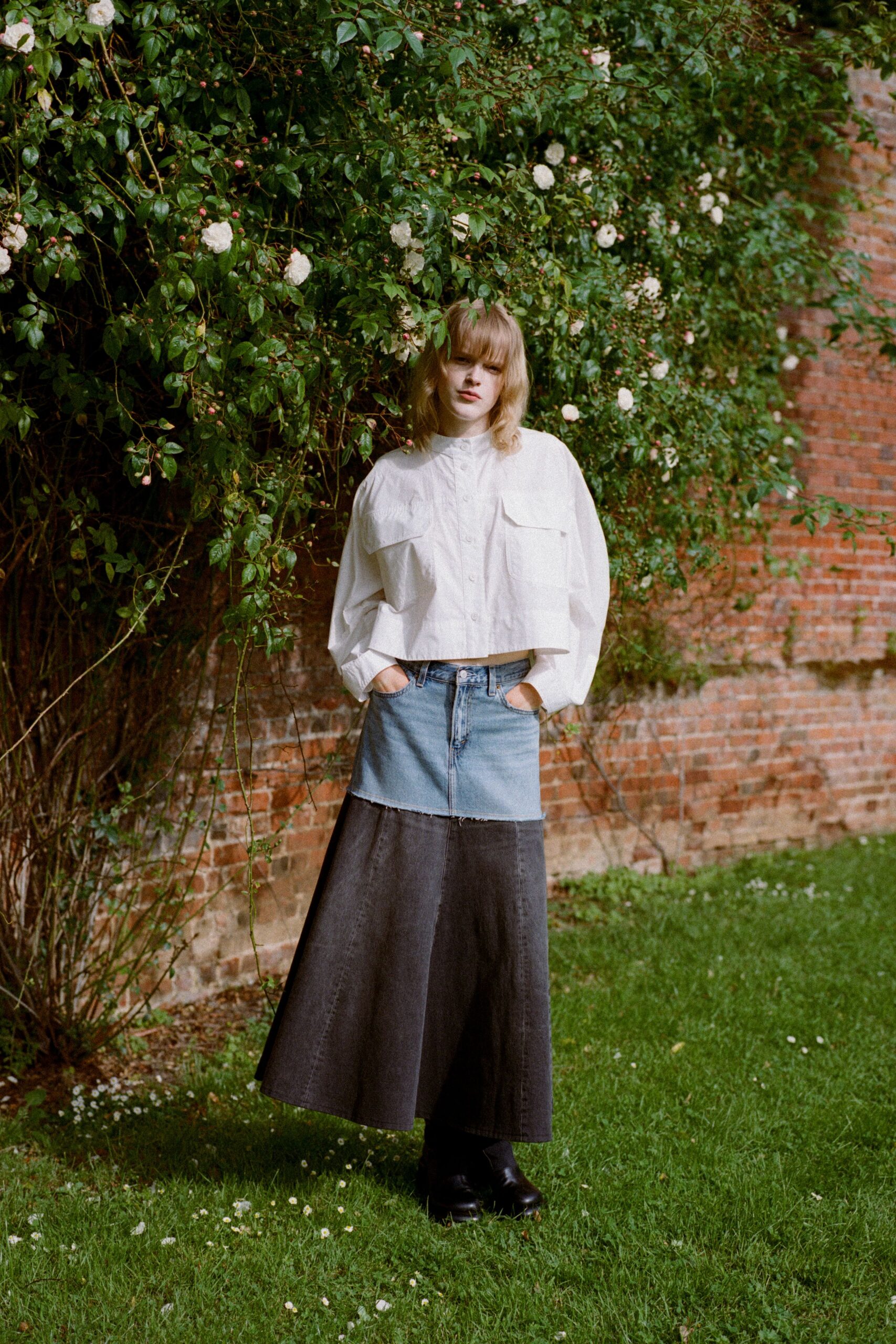 blue denim fitted a-line maxi skirt