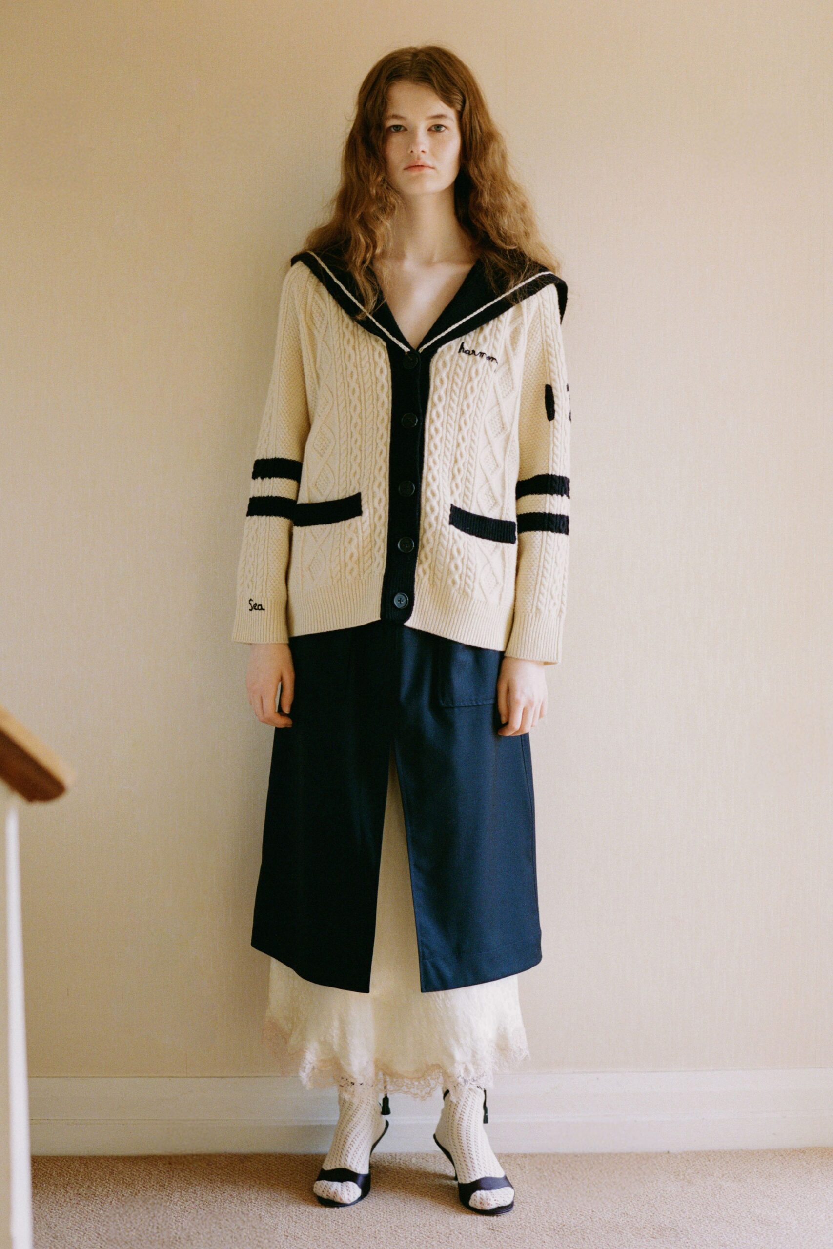 beige cotton long-sleeve collared relaxed buttoned ribbed cardigan