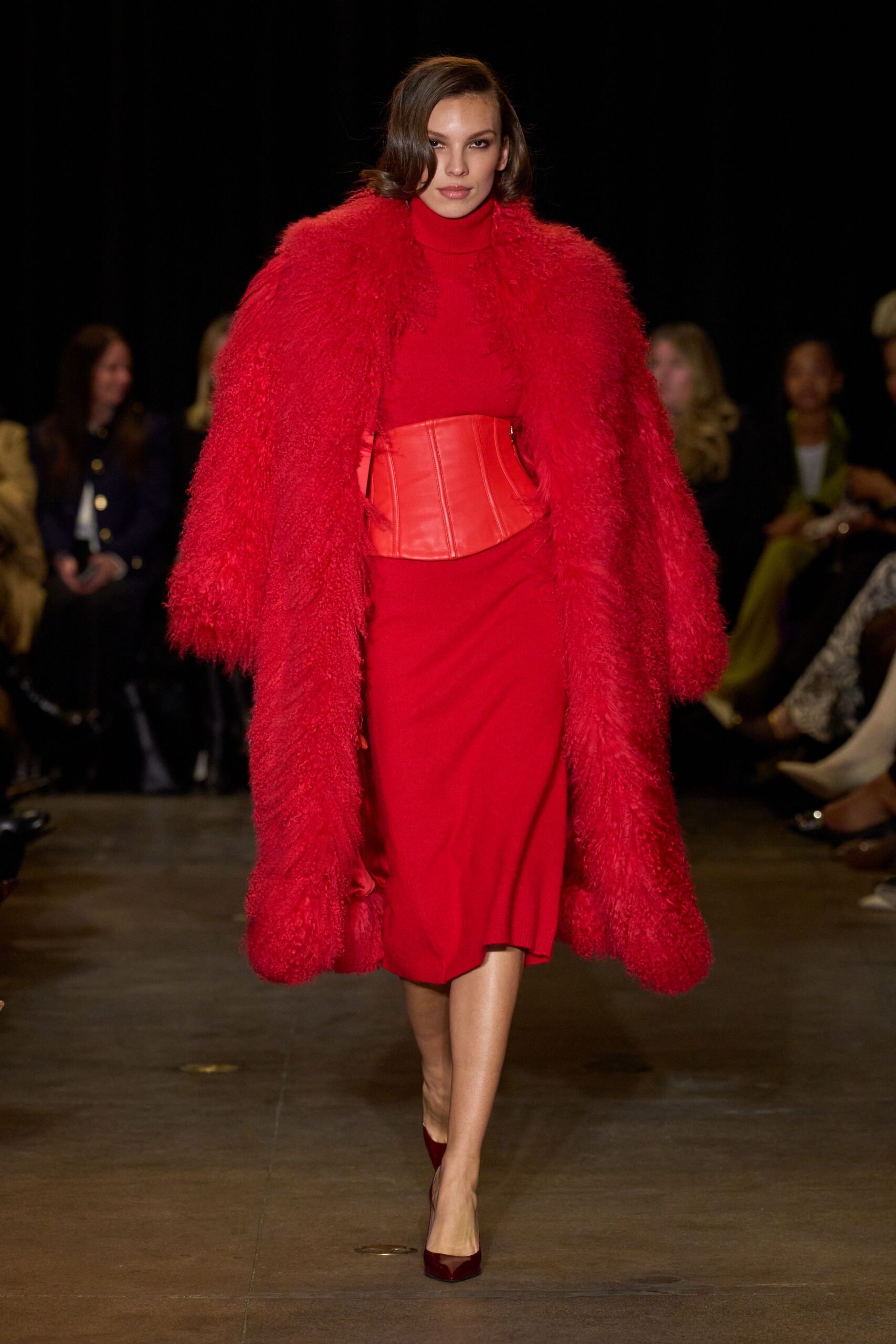 red wool long-sleeve high-neck fitted pencil midi dress