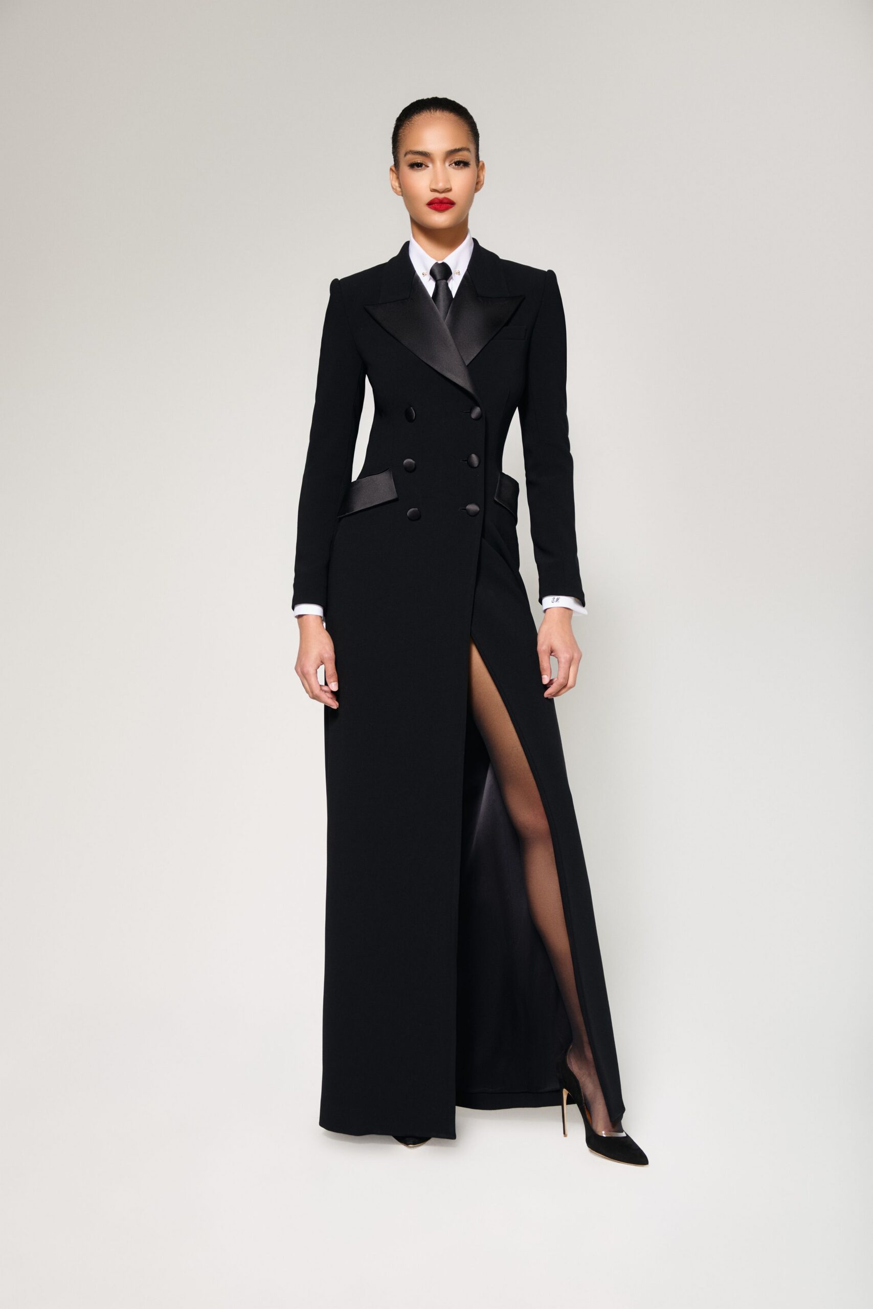 black silk long-sleeve collared fitted tailored maxi gown