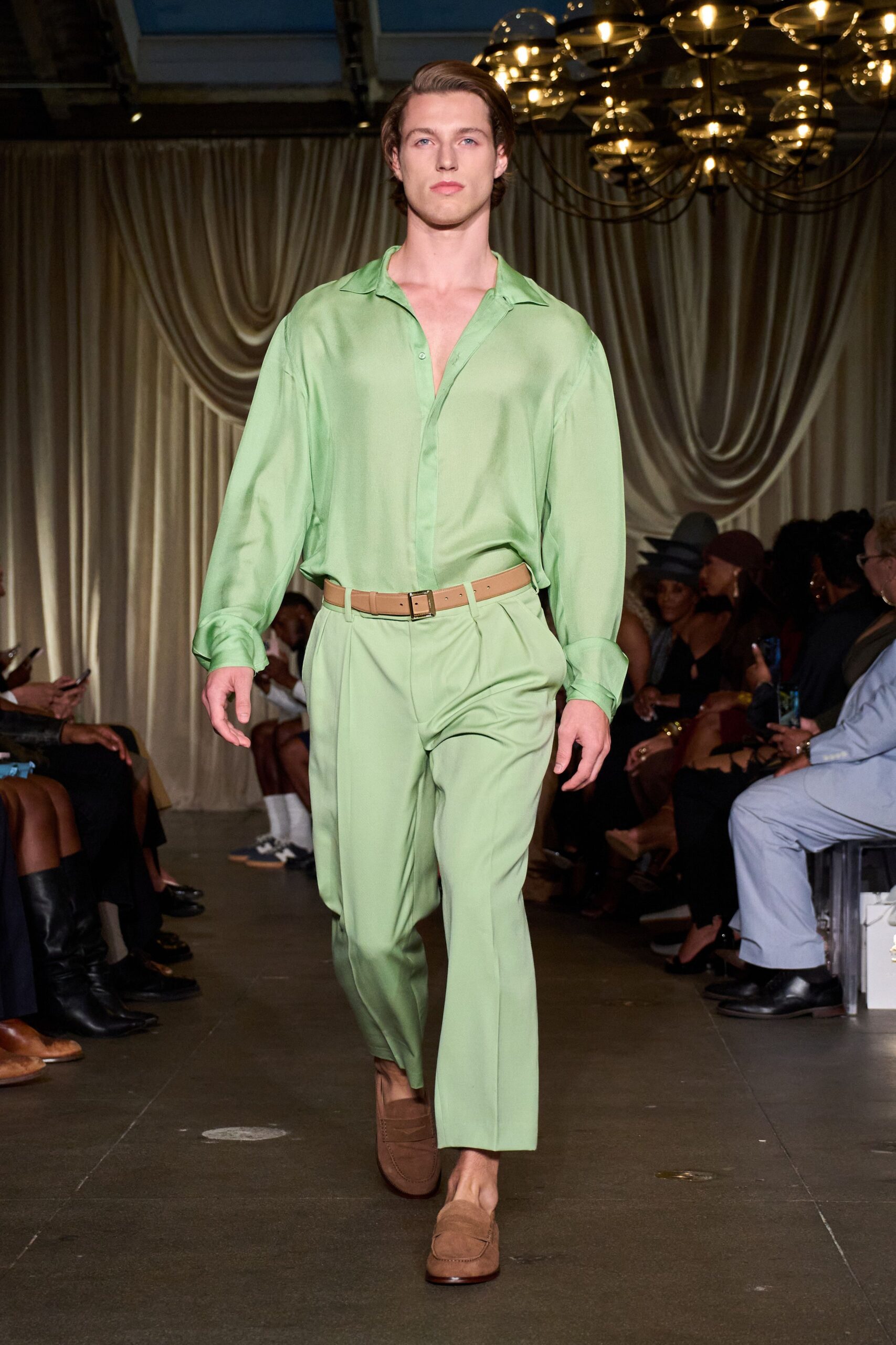 green silk long-sleeve collared relaxed buttoned sheer shirt
