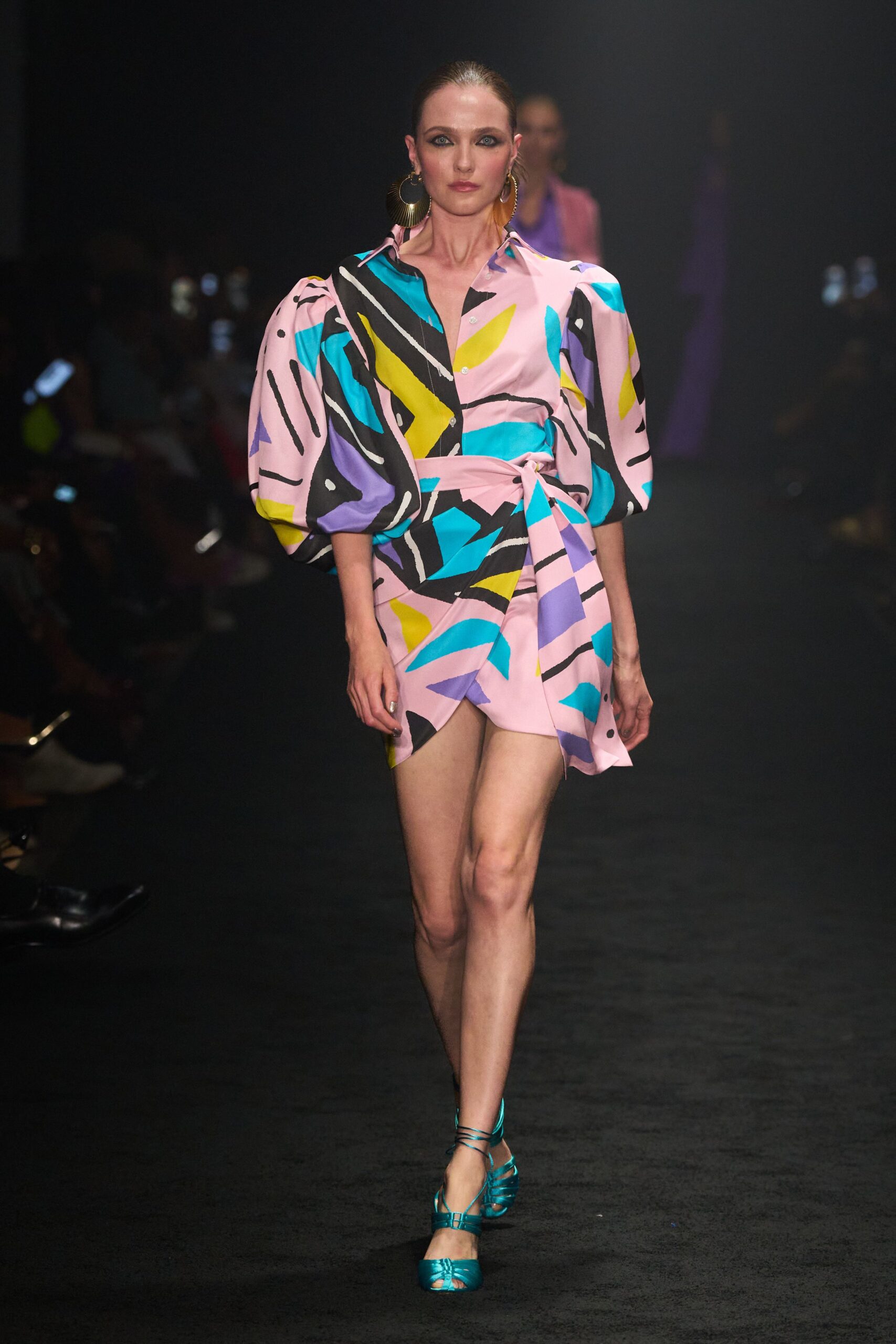 pink short-sleeve v-neck fitted printed flared mini dress