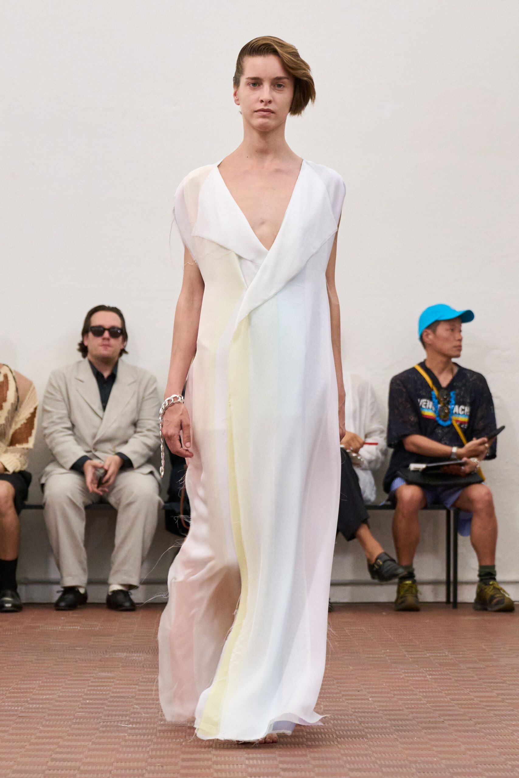 flowing white silk gown