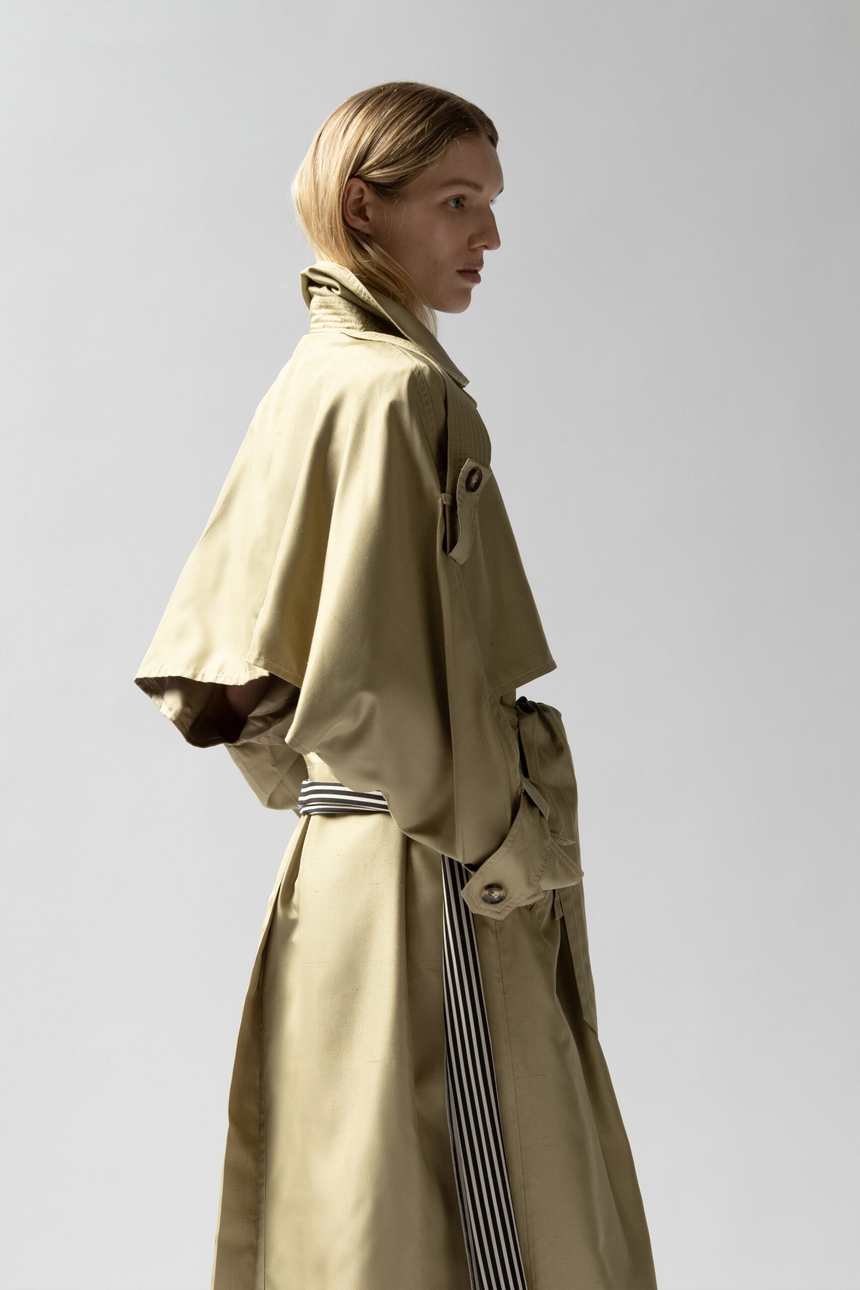 beige silk relaxed trench coat