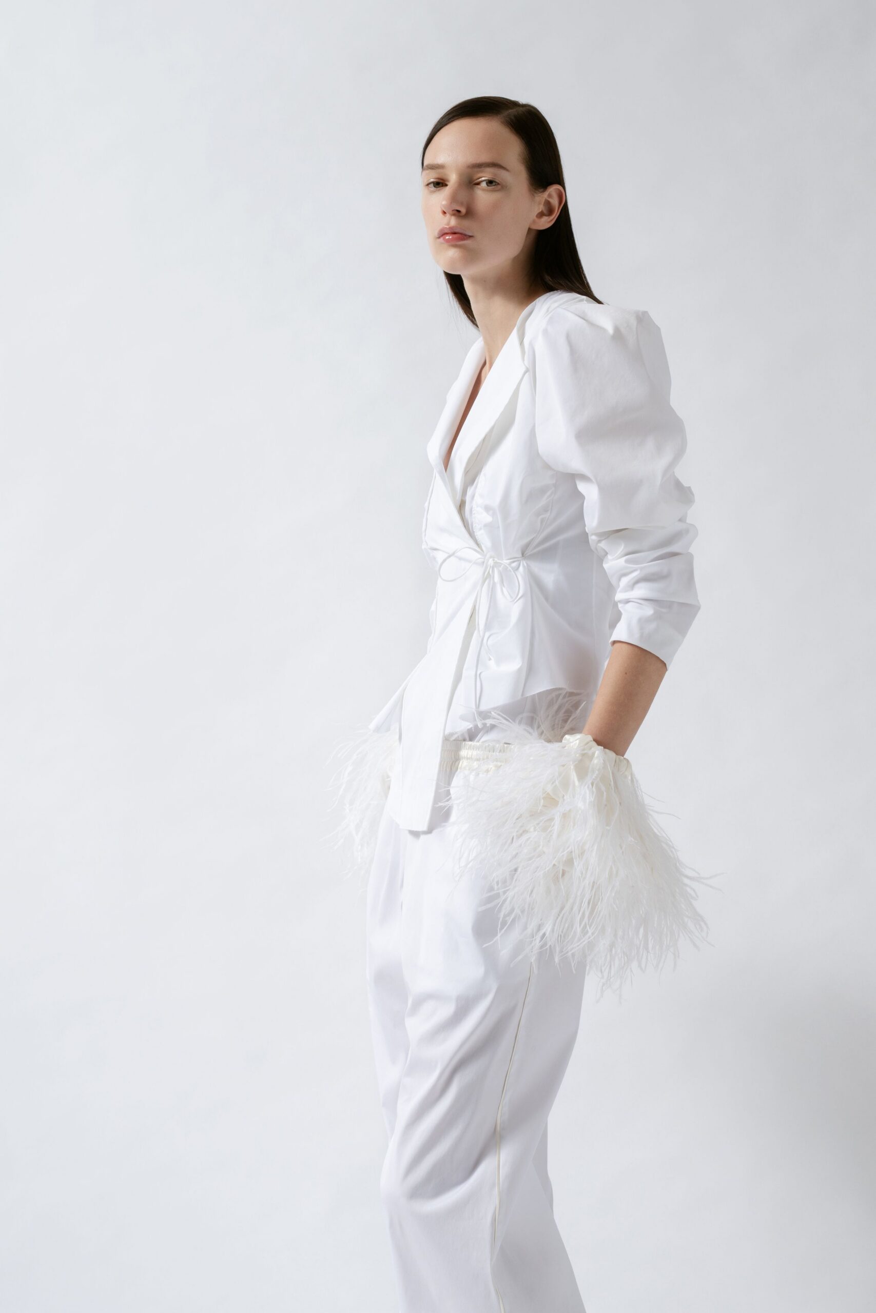 white cotton long-sleeve collared fitted buttoned ruffled blazer