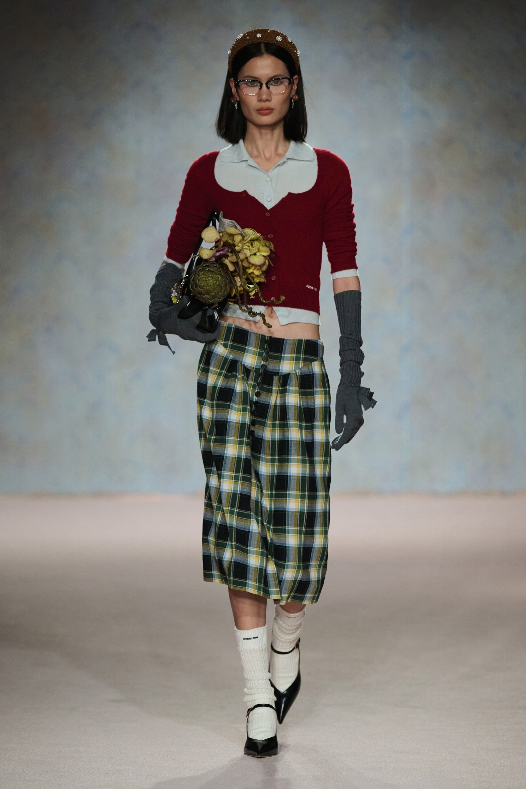 green cotton relaxed checked midi skirt