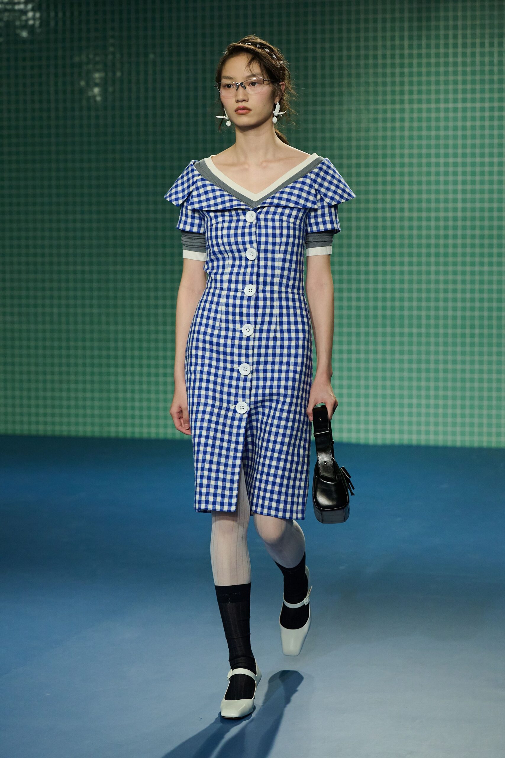 blue and white checked midi dress