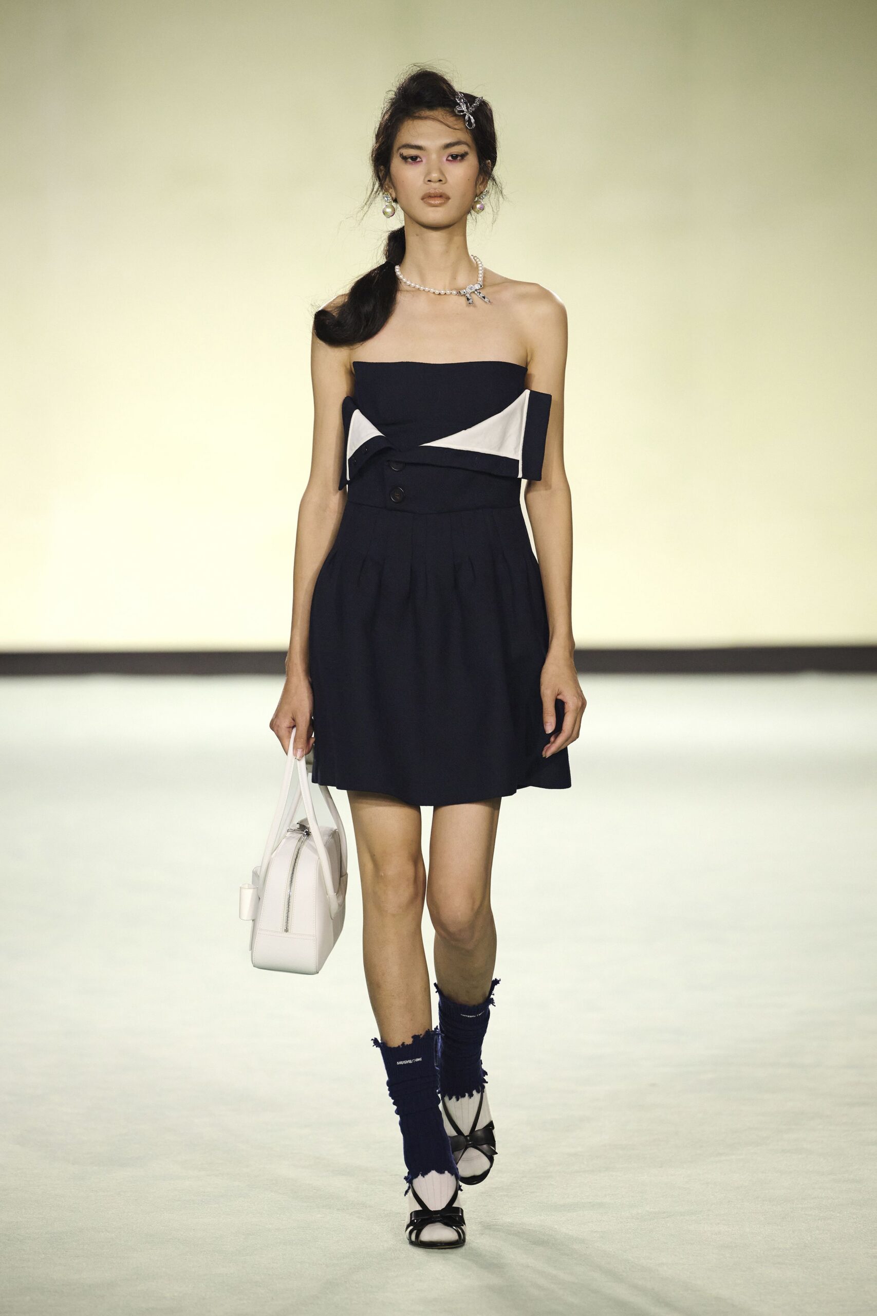 blue cotton strapless fitted pleated mini dress