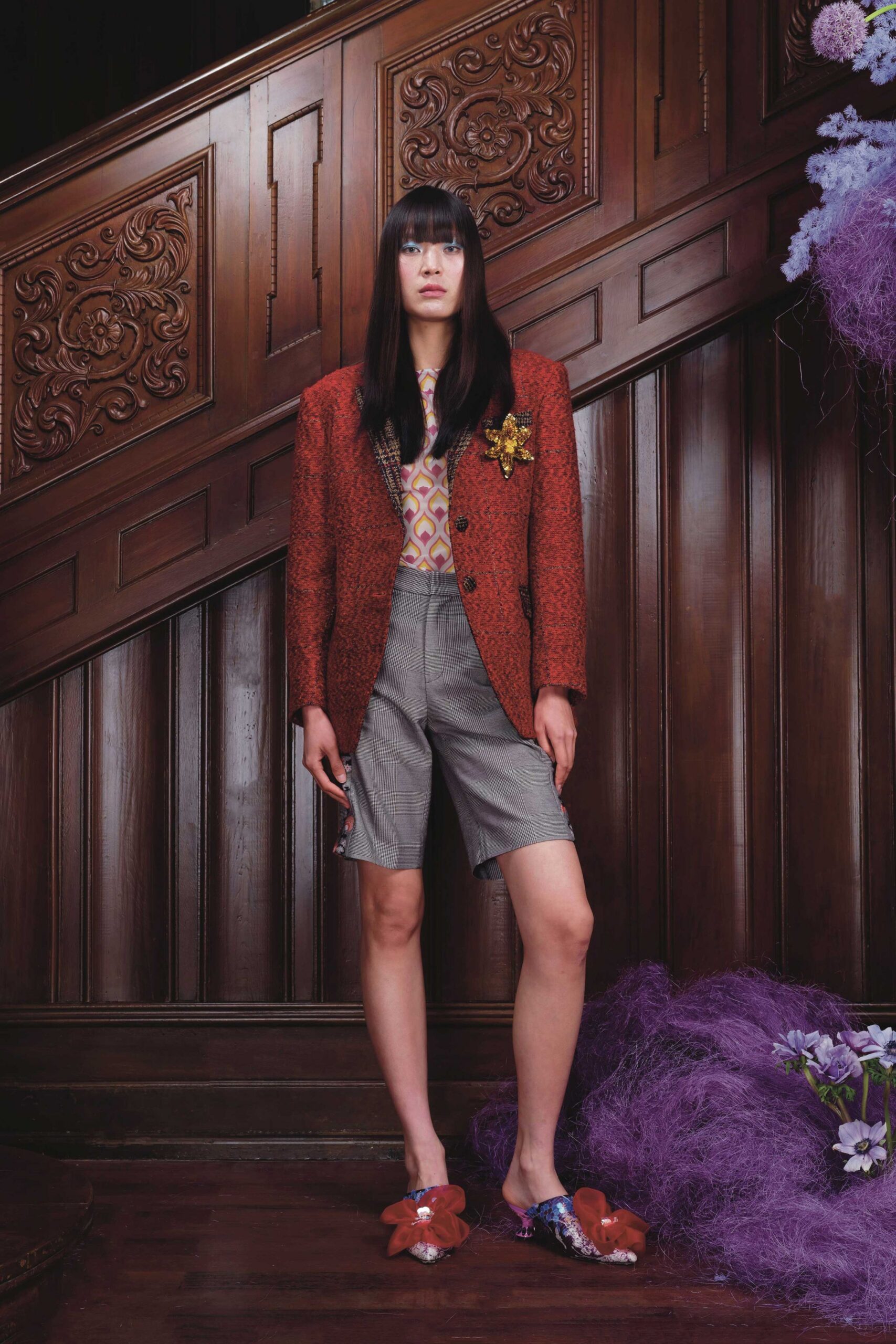 red tweed long-sleeve collared tailored buttoned blazer