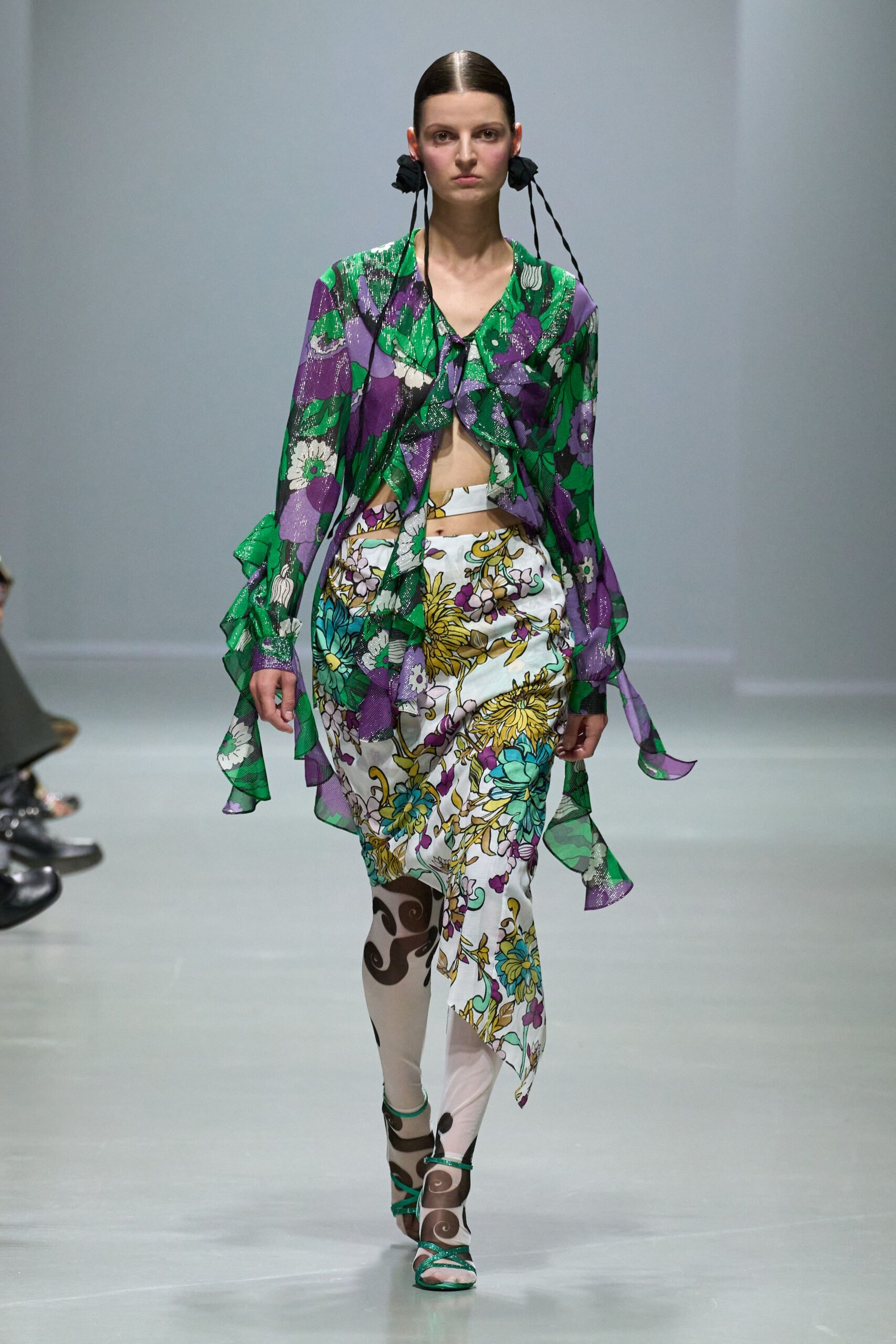 green chiffon long-sleeve collared relaxed floral ruffled top