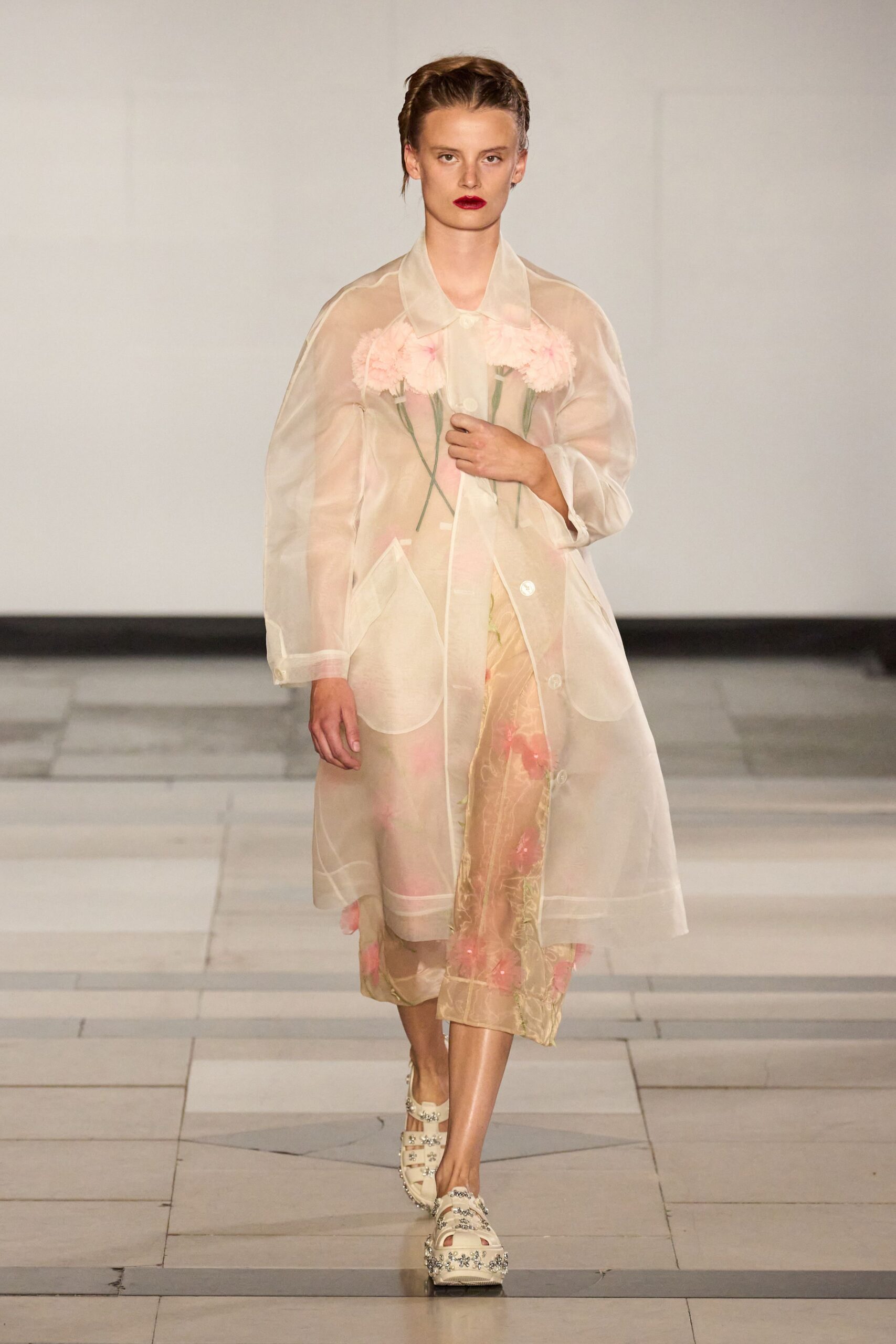 clear mesh long-sleeve collared relaxed layered sheer coat