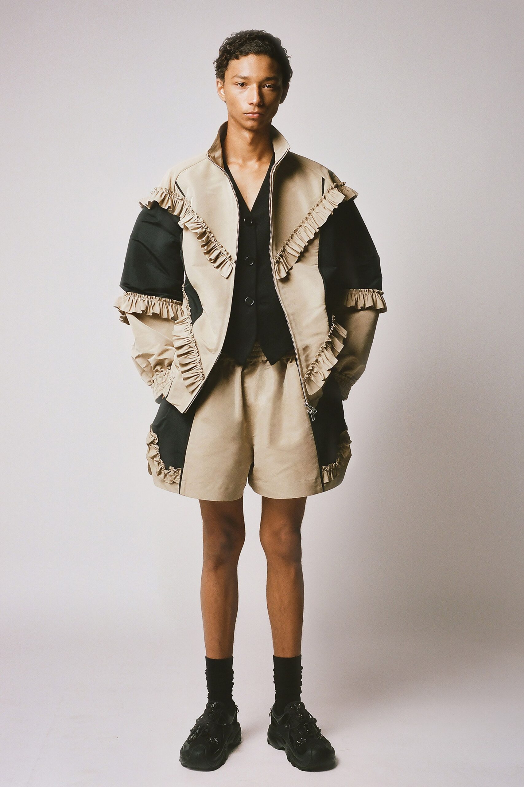 beige cotton long-sleeve collared relaxed ruffled jacket