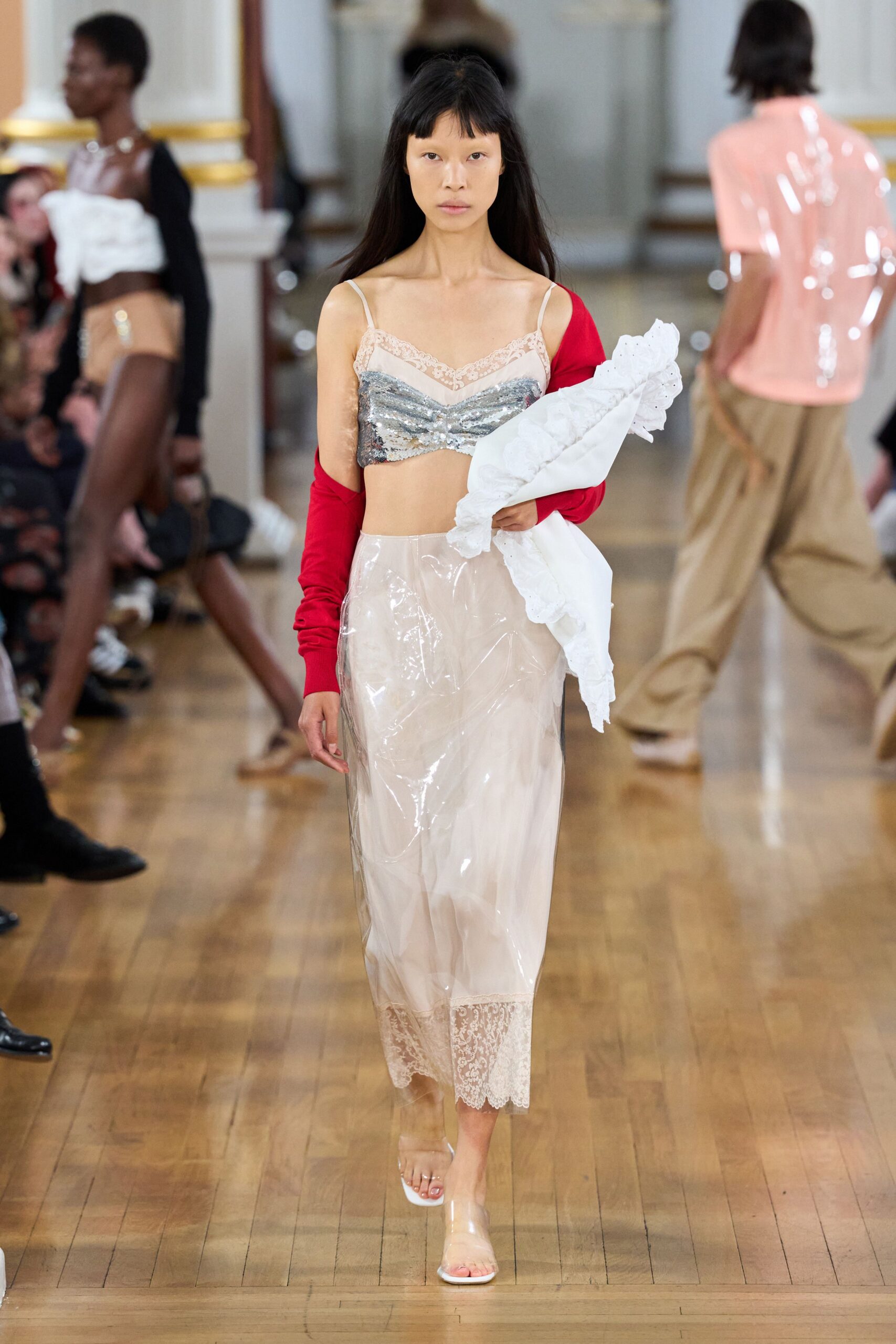 beige vinyl fitted pleated shiny skirt
