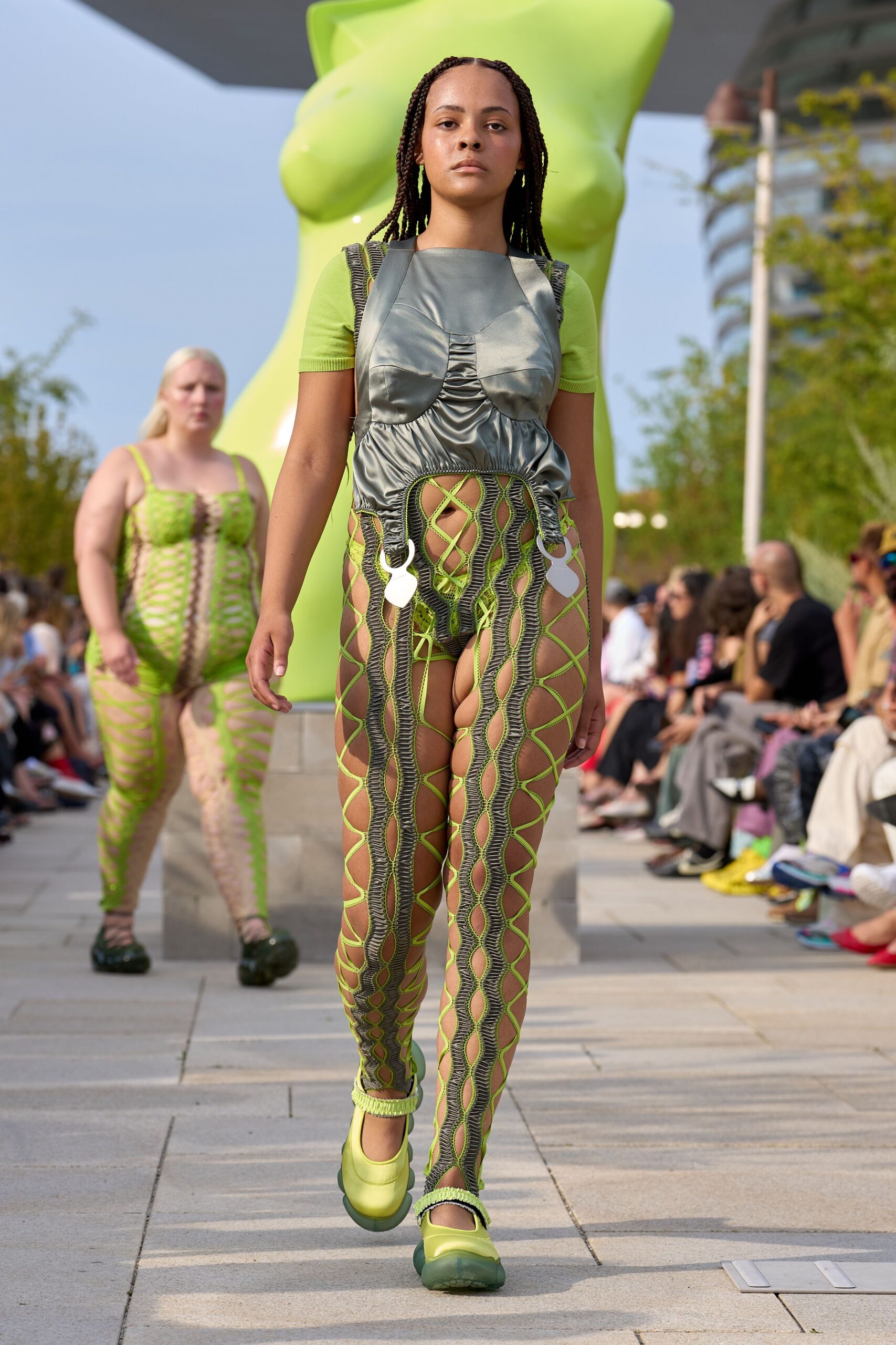 green mesh fitted printed sheer pants