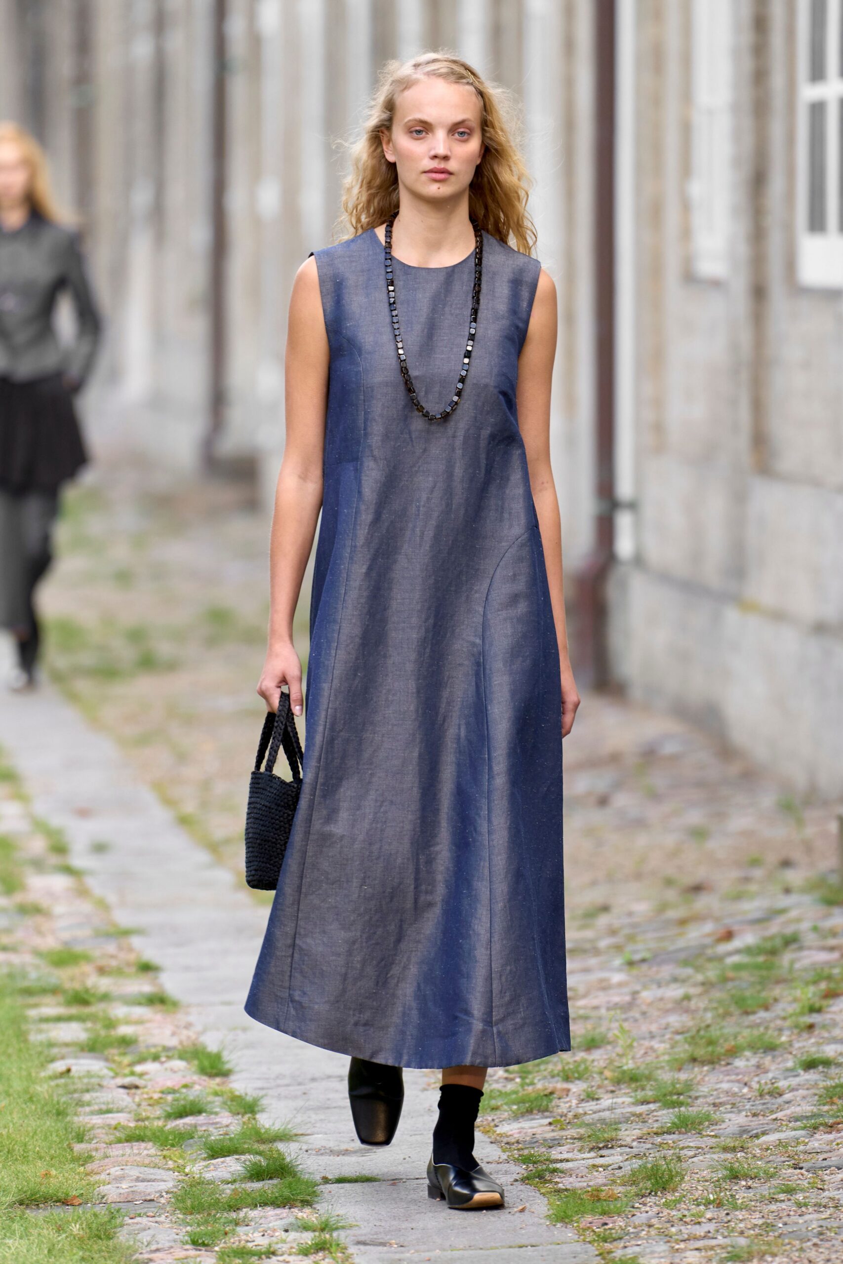 blue cotton sleeveless high-neck fitted straight-leg maxi dress