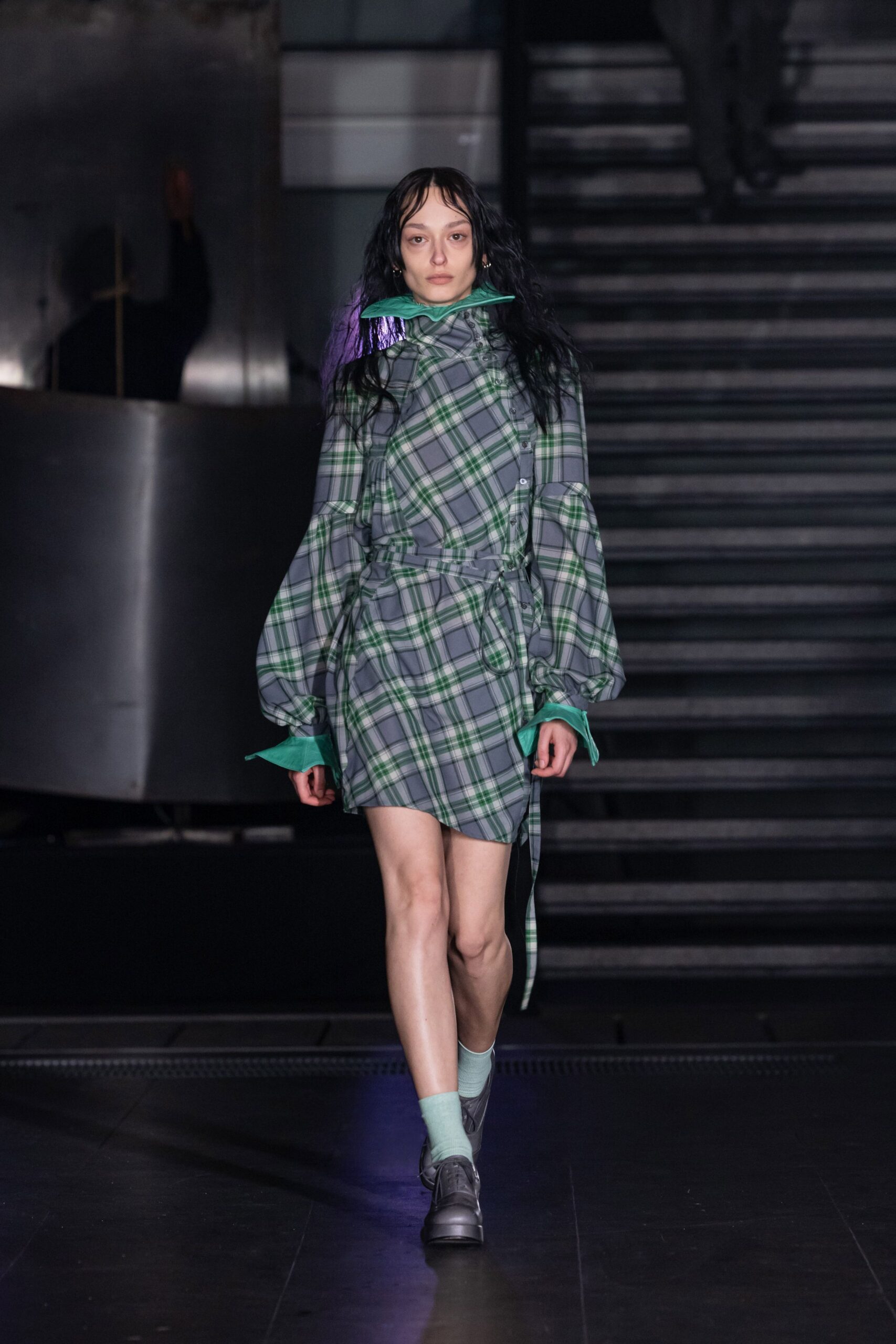 green cotton long-sleeve collared fitted checked belted dress