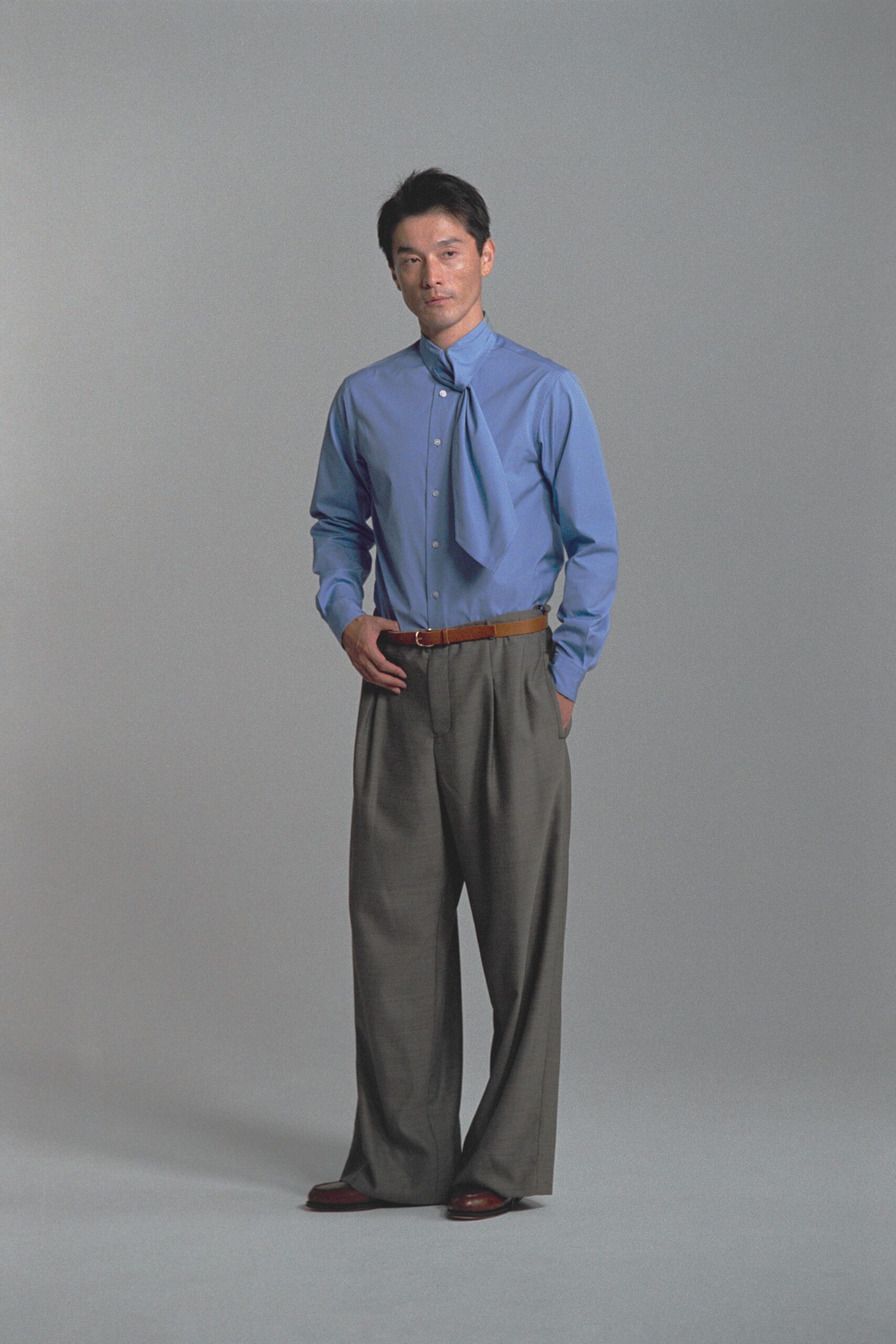 blue cotton shirt gray pants