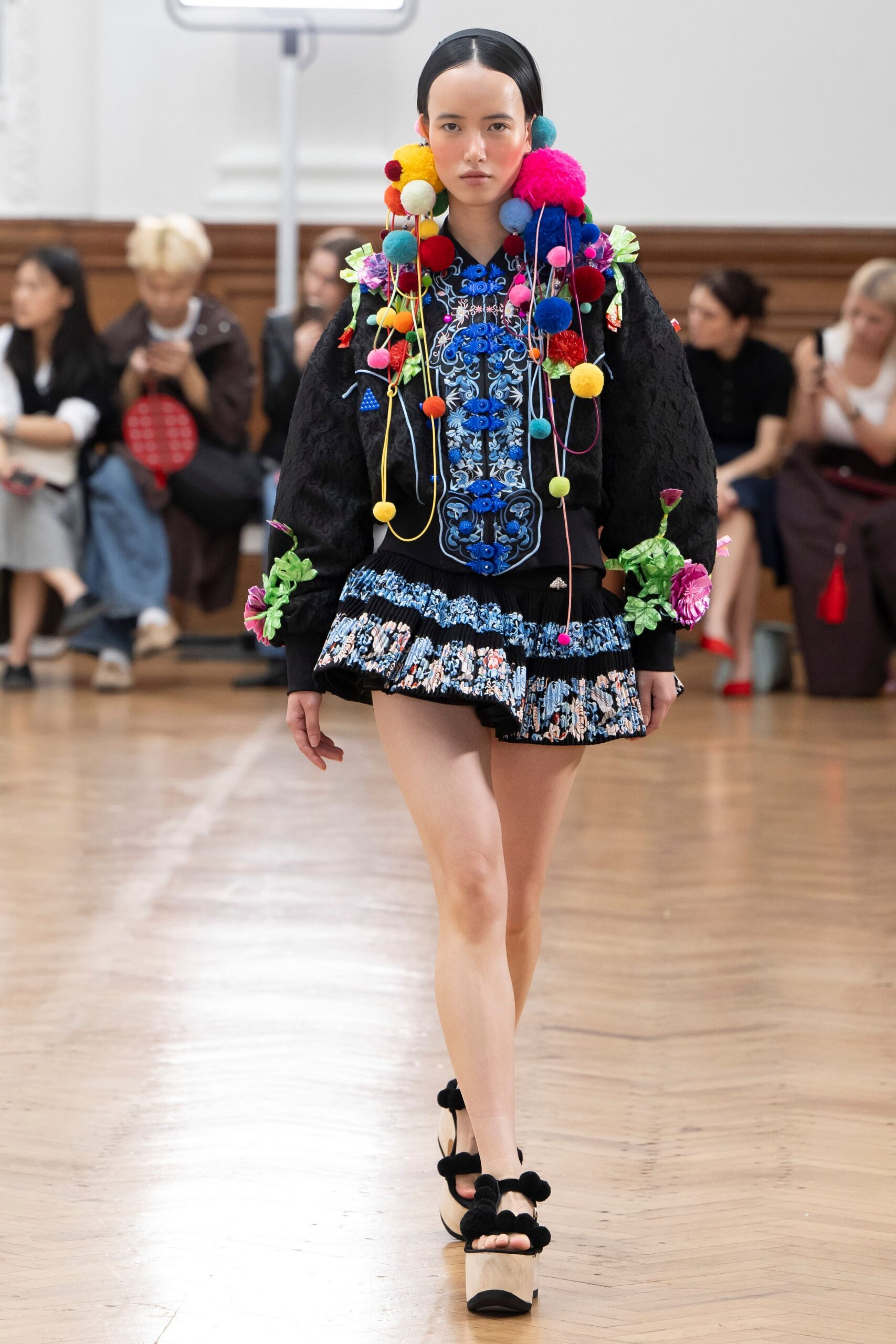 black cotton long-sleeve collared fitted embroidered ruffled dress