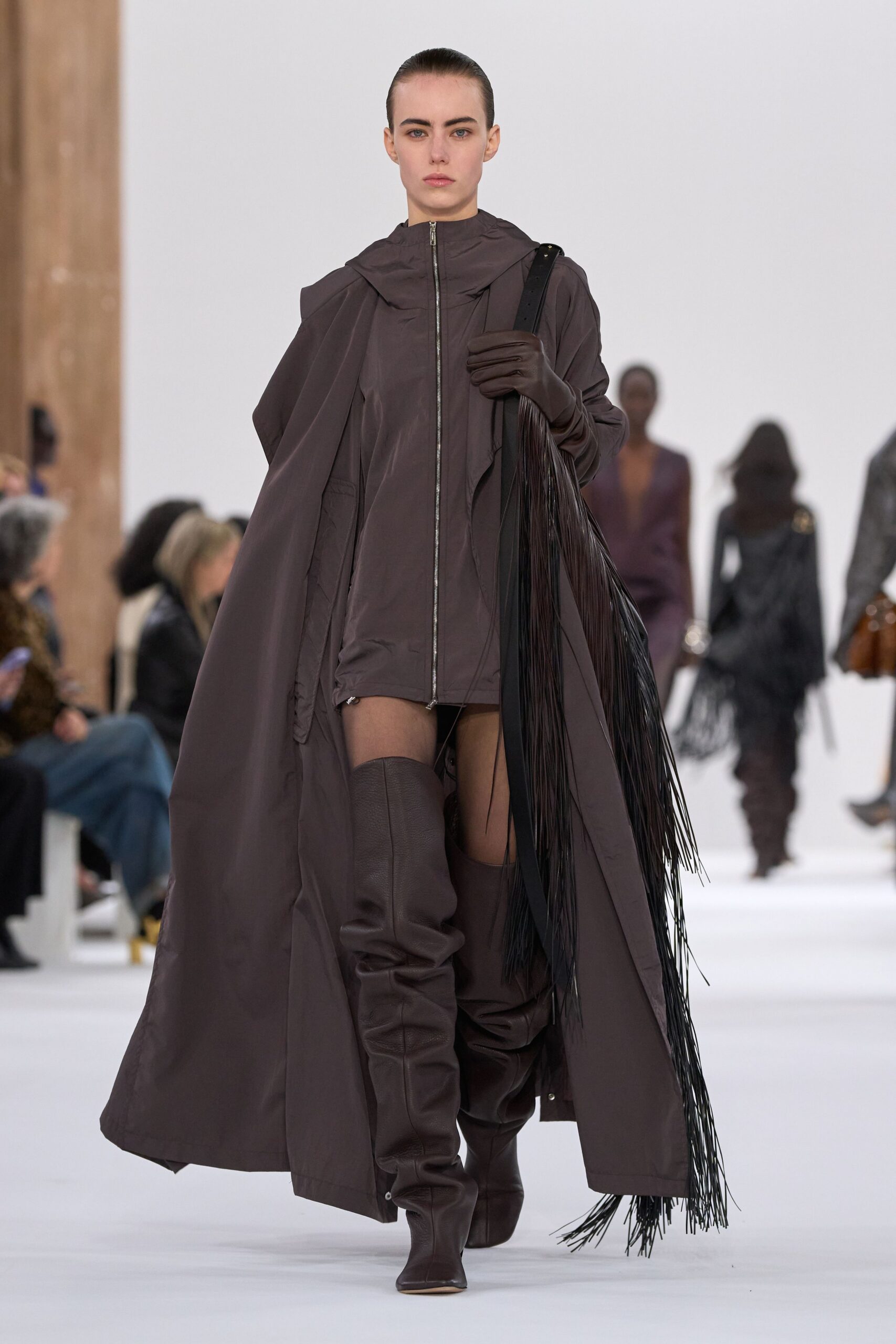 brown silk relaxed coat with fringes