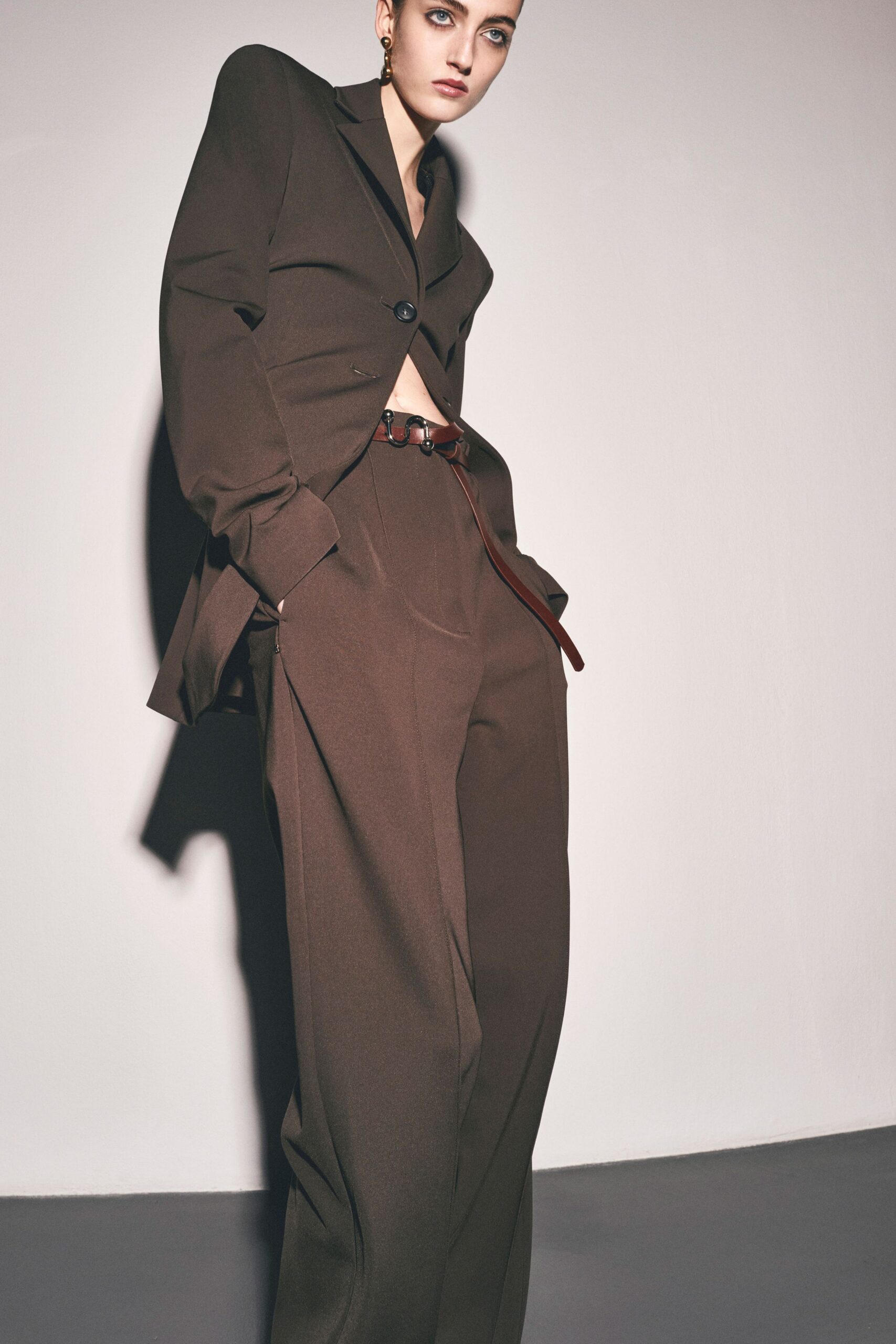brown tailored blazer and pants