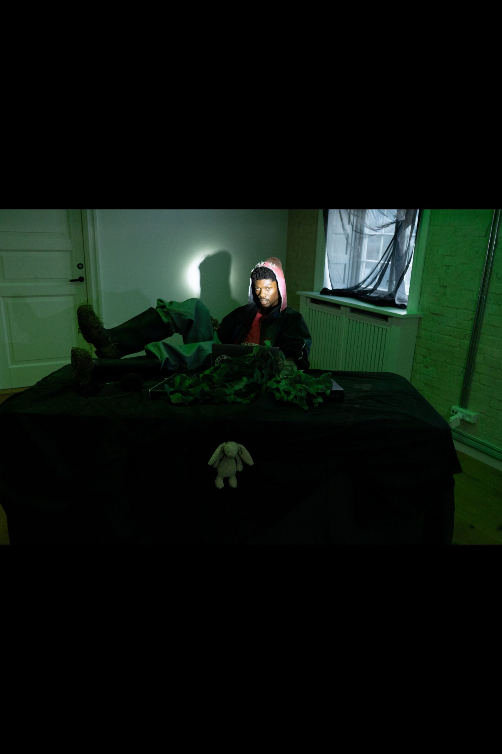 black hoodie green cargo pants