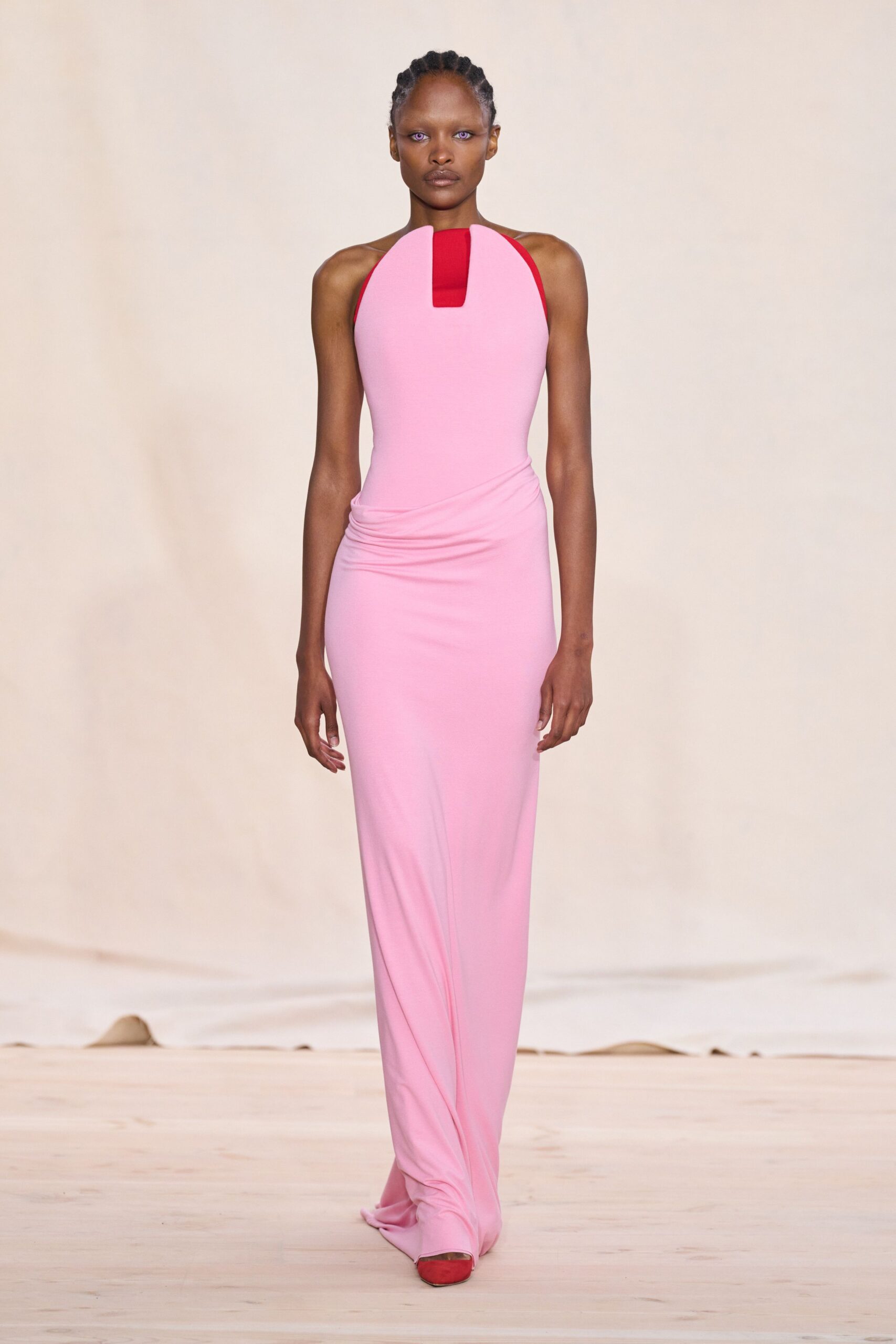 pink gown with red accents