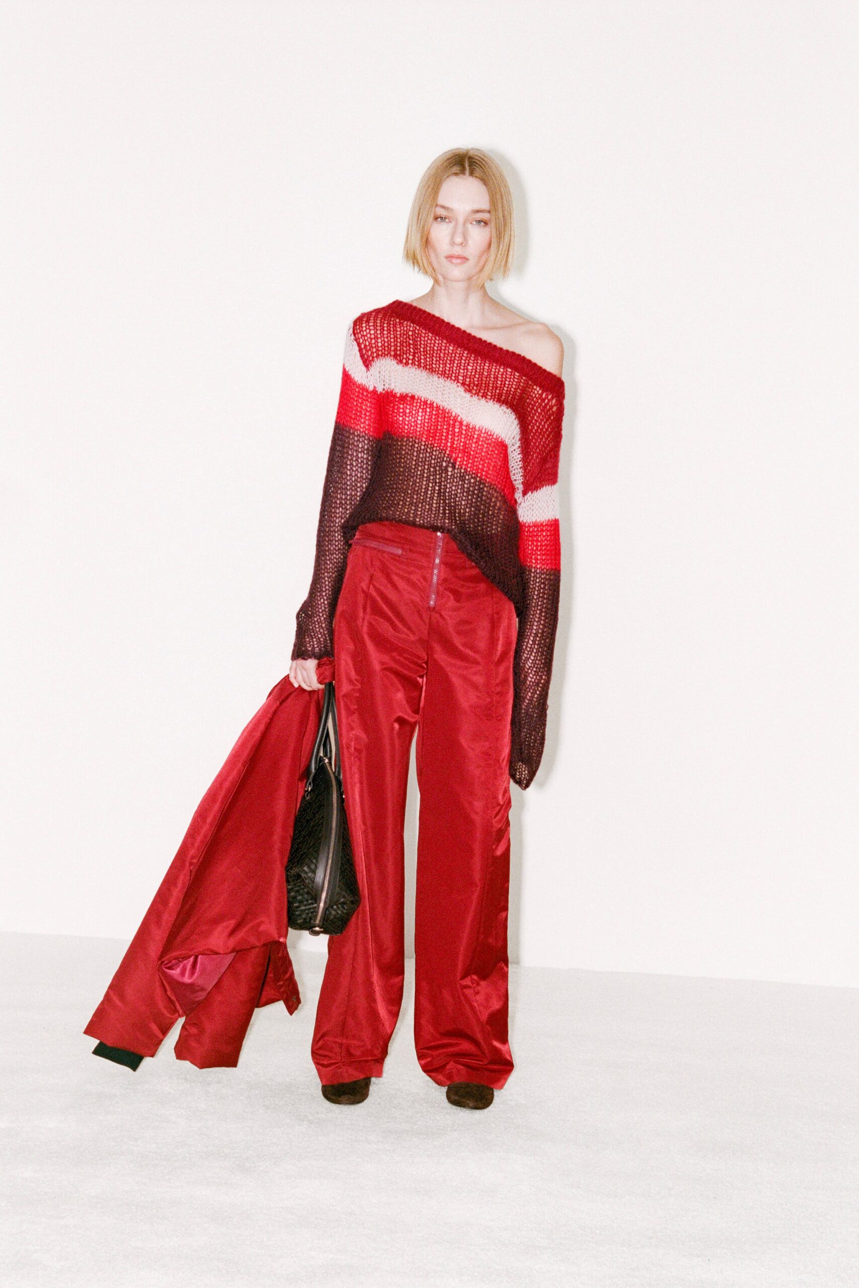 red silk fitted wide-leg pants