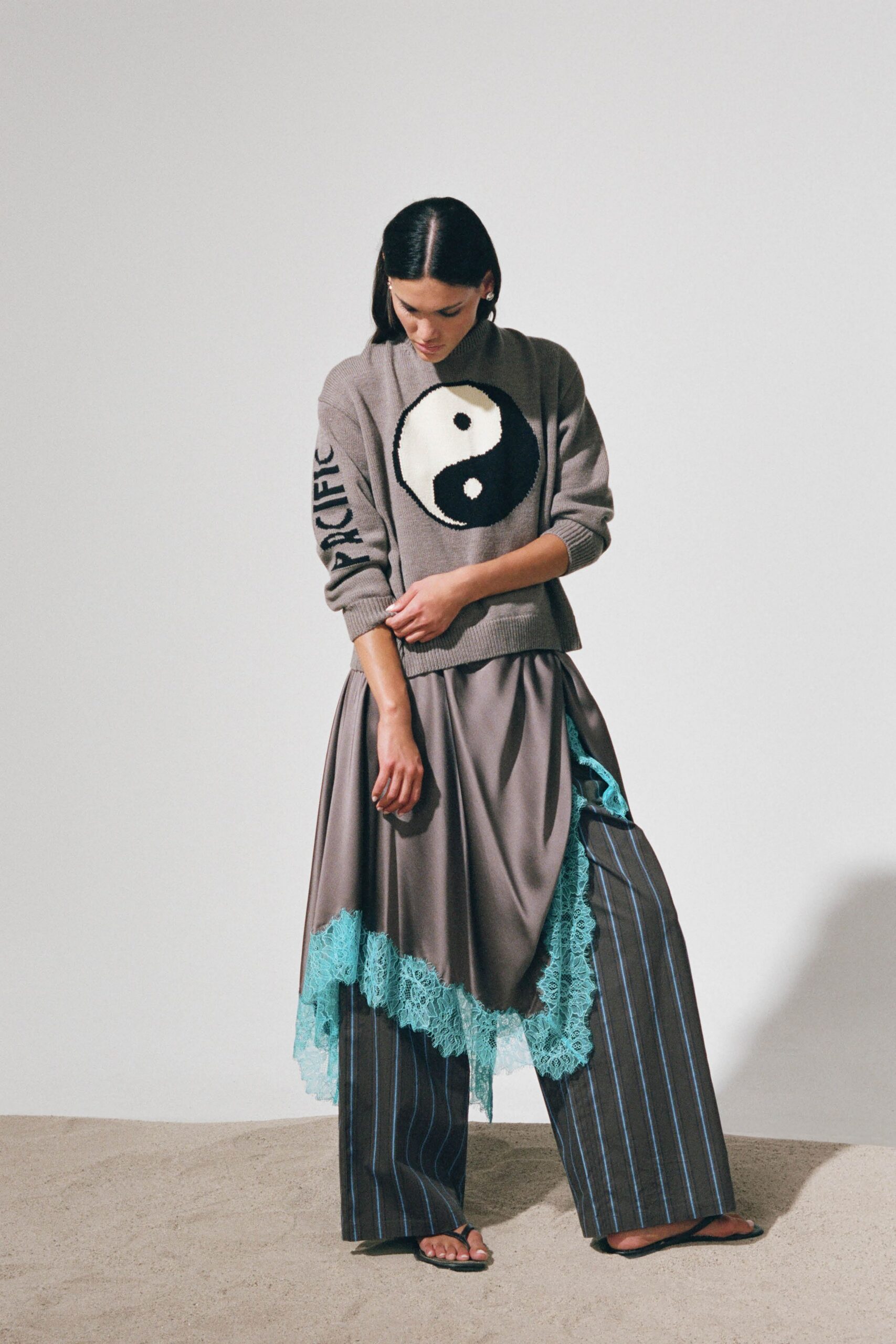 gray cotton long-sleeve collared relaxed embroidered sweater