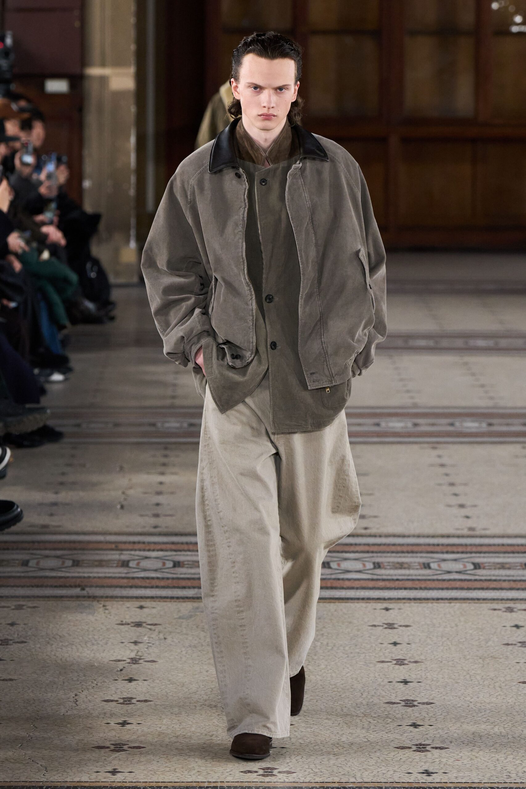 gray relaxed jacket with beige pants