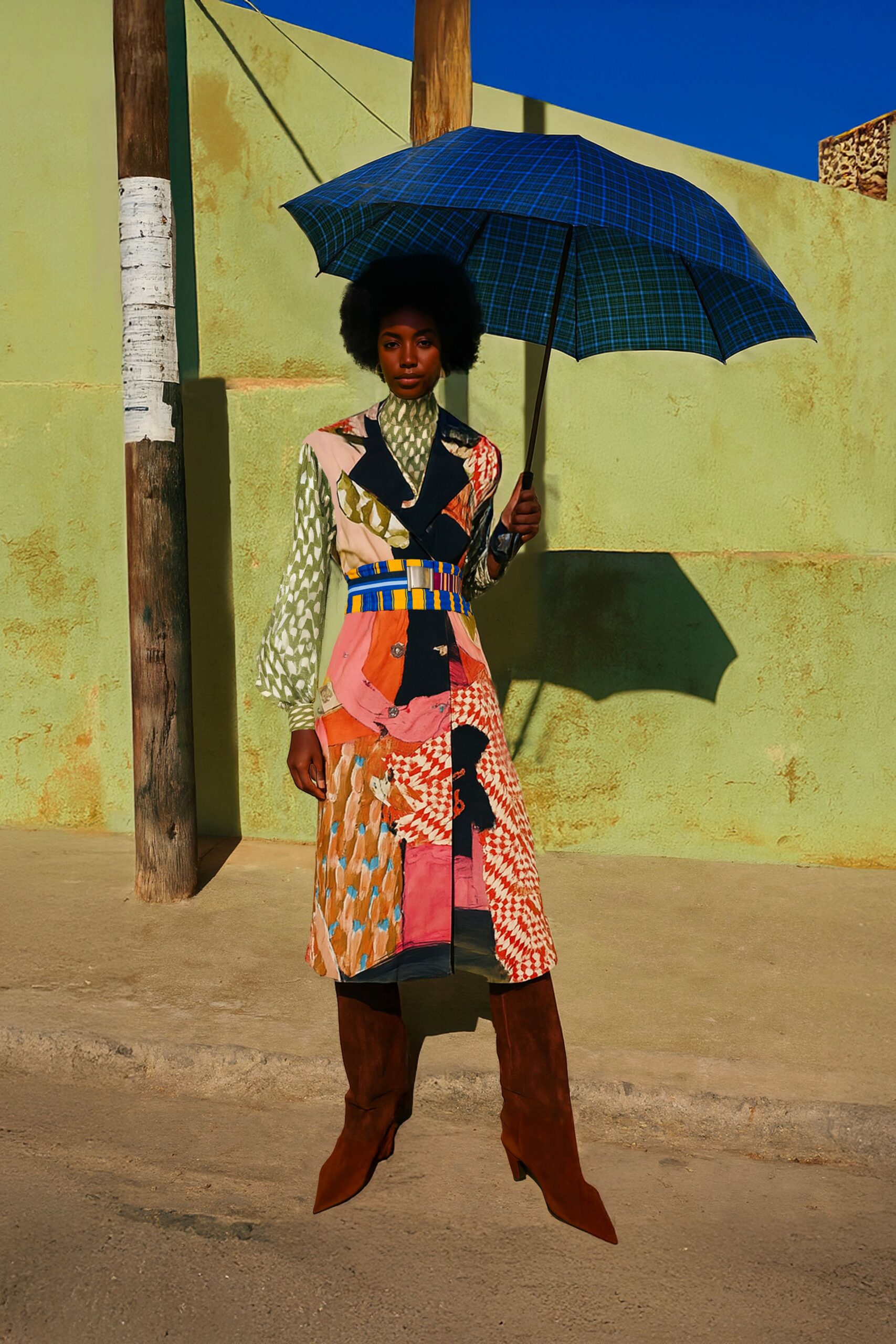 multi-colored midi dress with boots