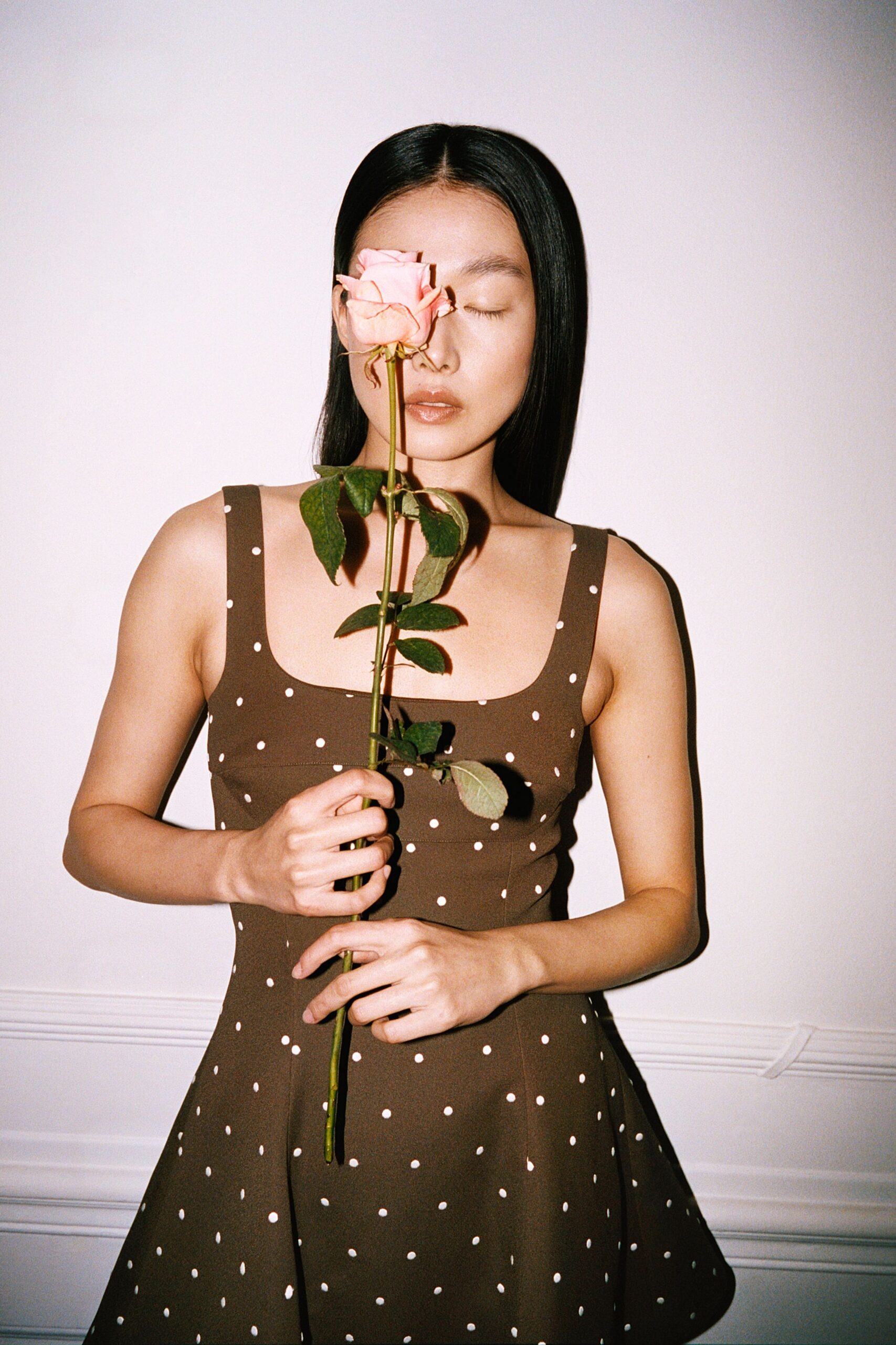 brown polka-dot sleeveless dress