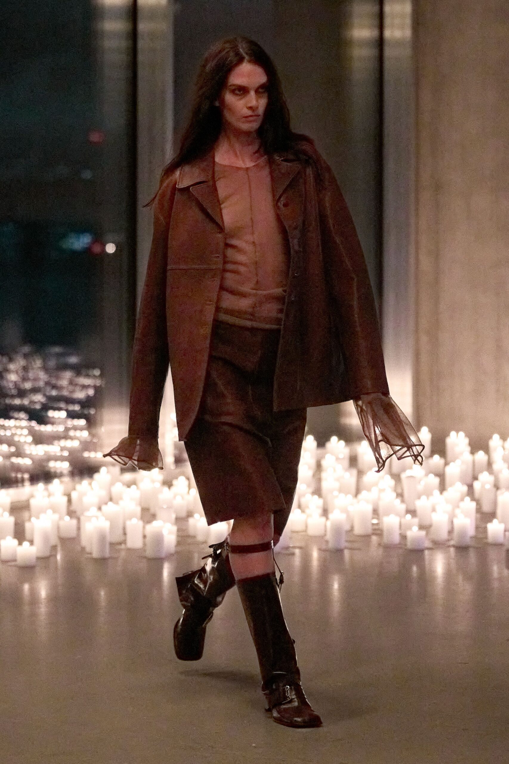 brown leather jacket and skirt